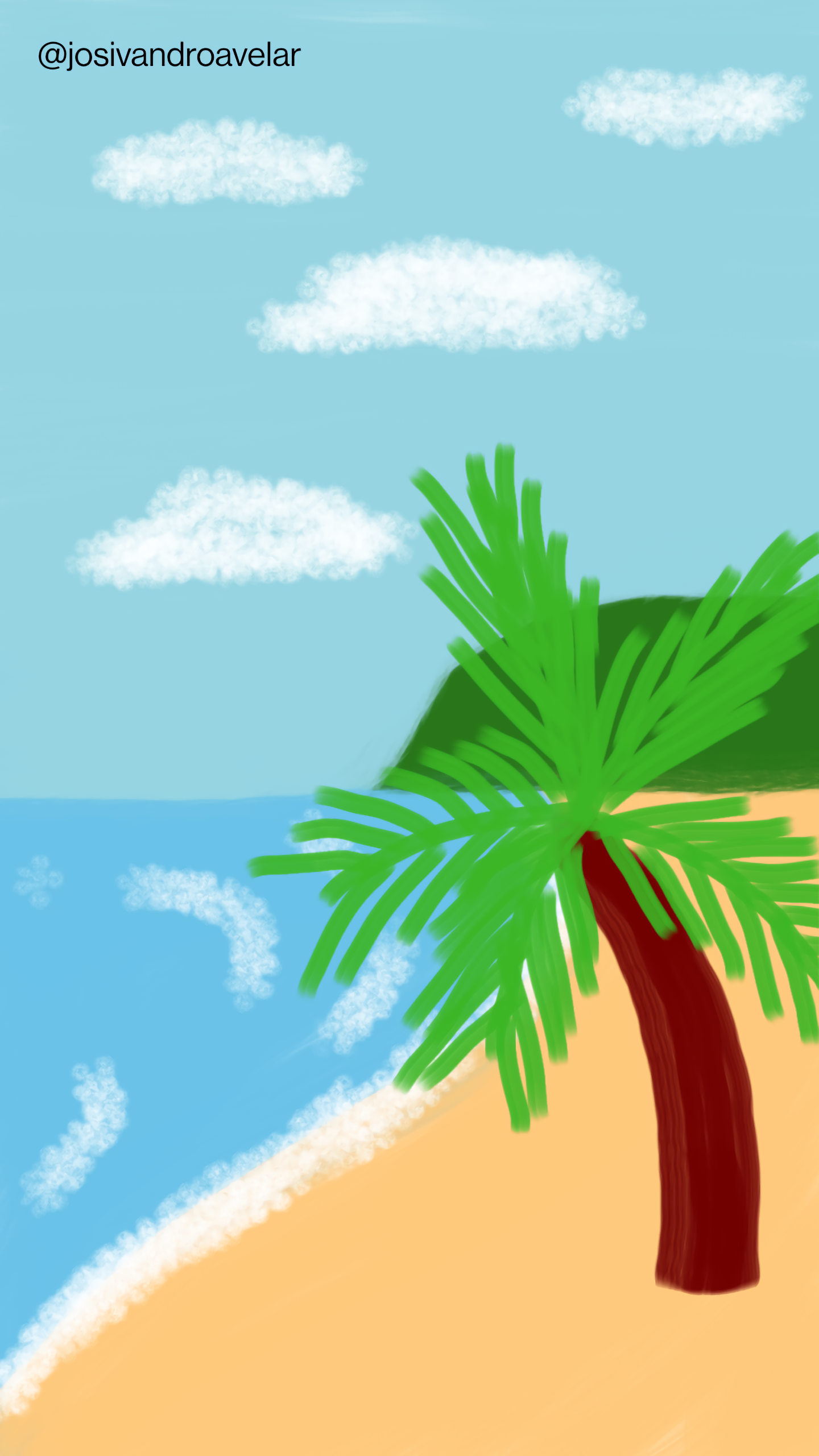 Artes digitais: paisagem de veraneio 1 Paisagem praiana, com coqueiro, céu e mar em tons de azul, areia e uma falésia verde, representando uma paisagem de veraneio.