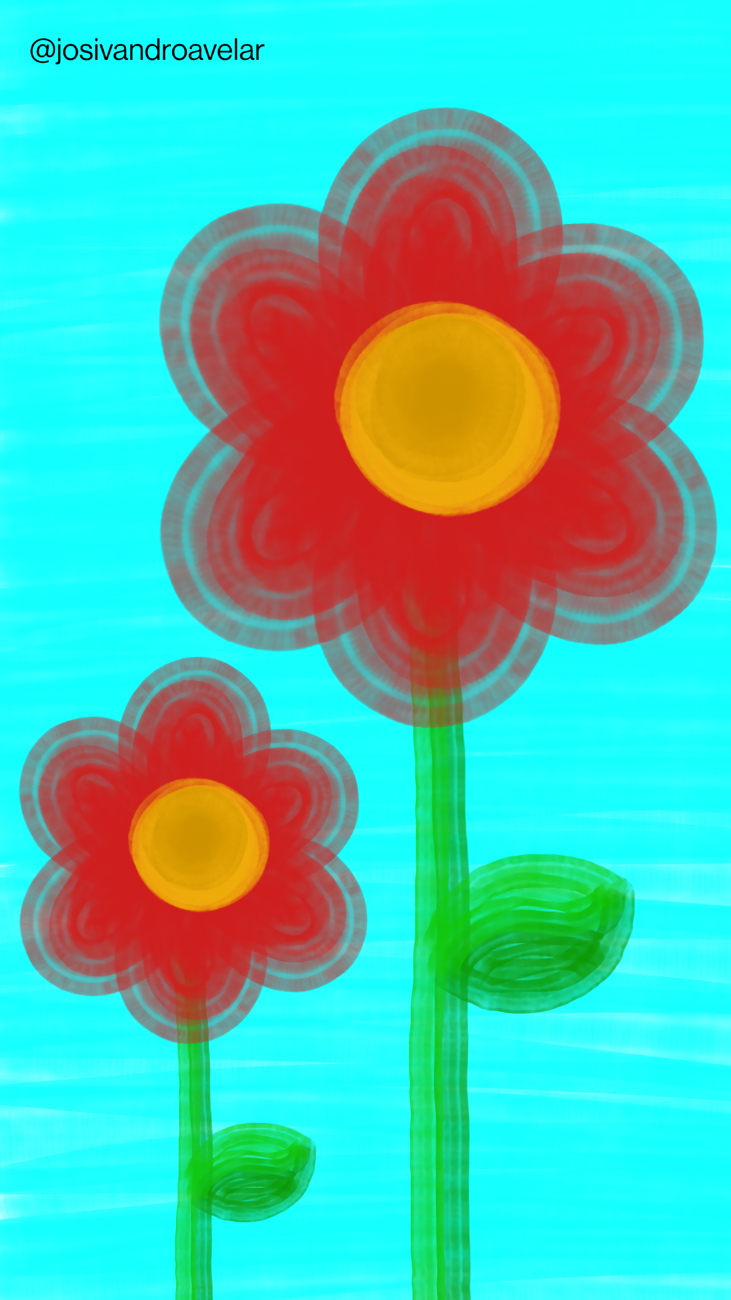 Artes digitais: simetria 1 Desenho de duas flores vermelhas sobre fundo azul, representando a simetria.