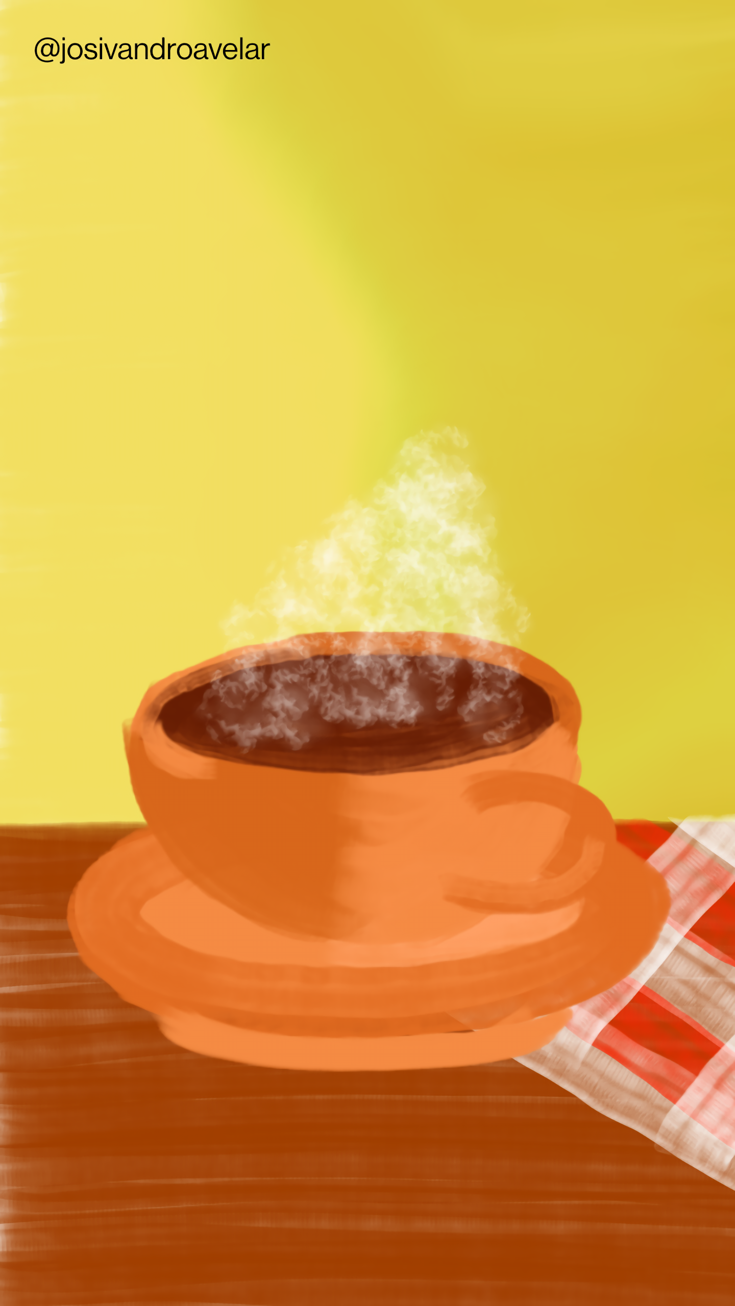 Bora desenhar? #061 1 Café noturno, servido em uma xícara em tons terrosos, em cima de uma mesa de madeira sobre uma toalha xadrez branca e vermelha, tendo uma parede amarela sombreada por trás.