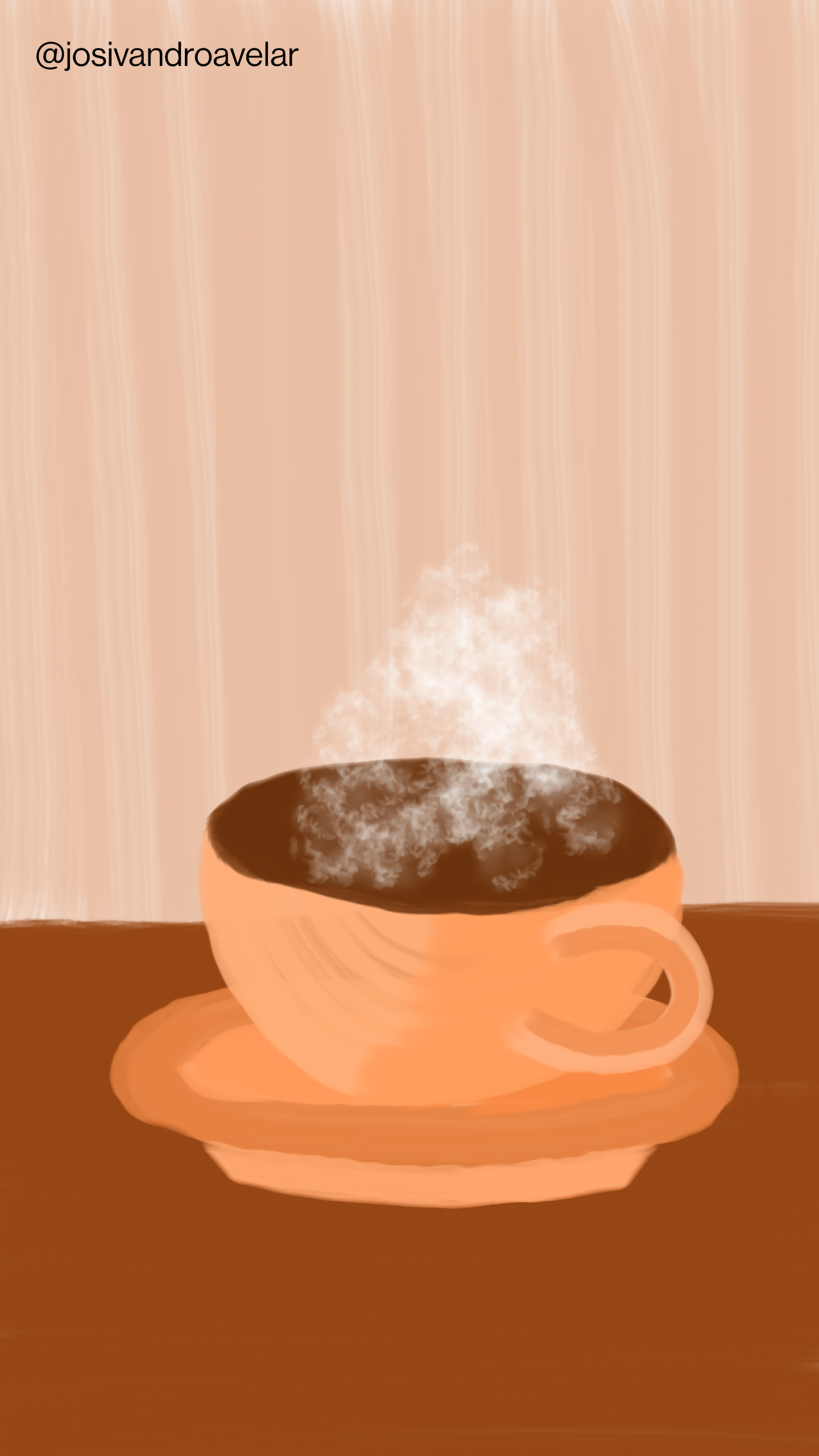 Artes digitais: segunda-feira pede 1 Segunda-feira pede uma xícara de café em tons de cerâmica, sobre uma mesa em tons de madeira, tendo como fundo uma parede em tom de terra.