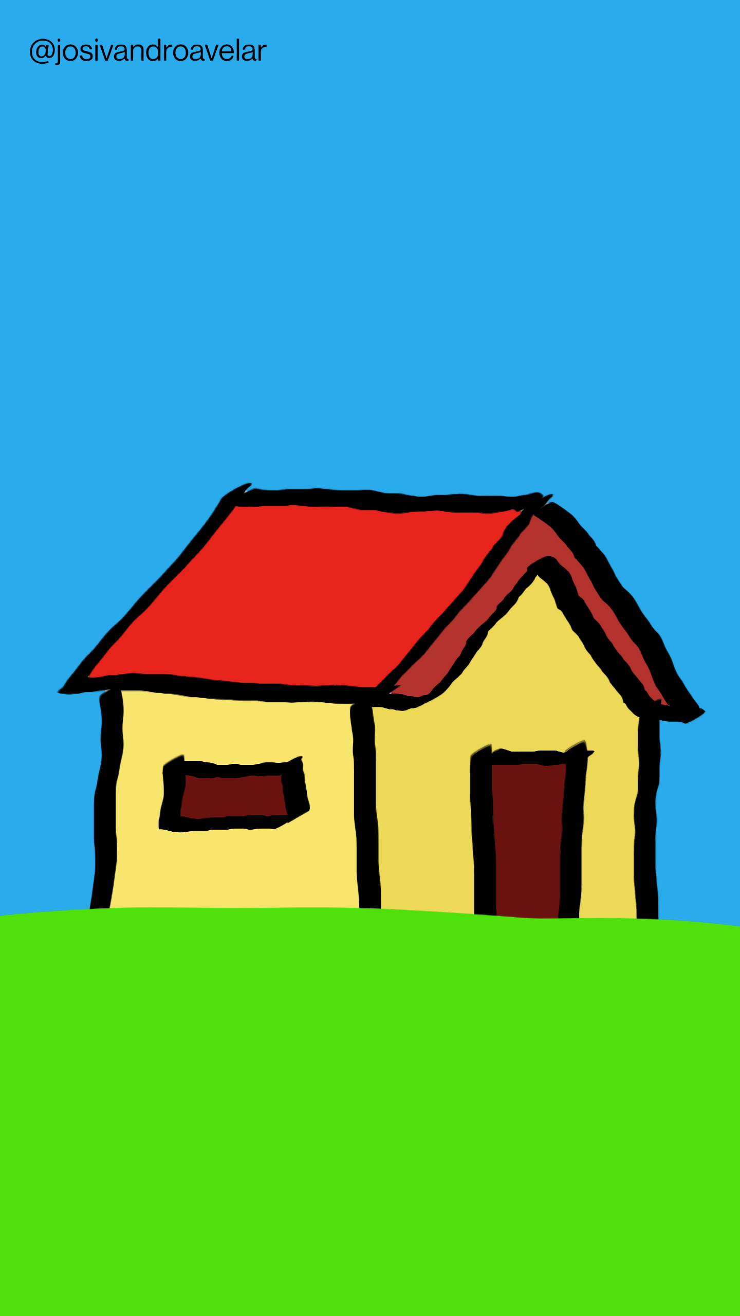 Artes digitais: esboço de um lar 1 Esboço de um lar pintado de amarelo sobre um morro verde e um céu azul.