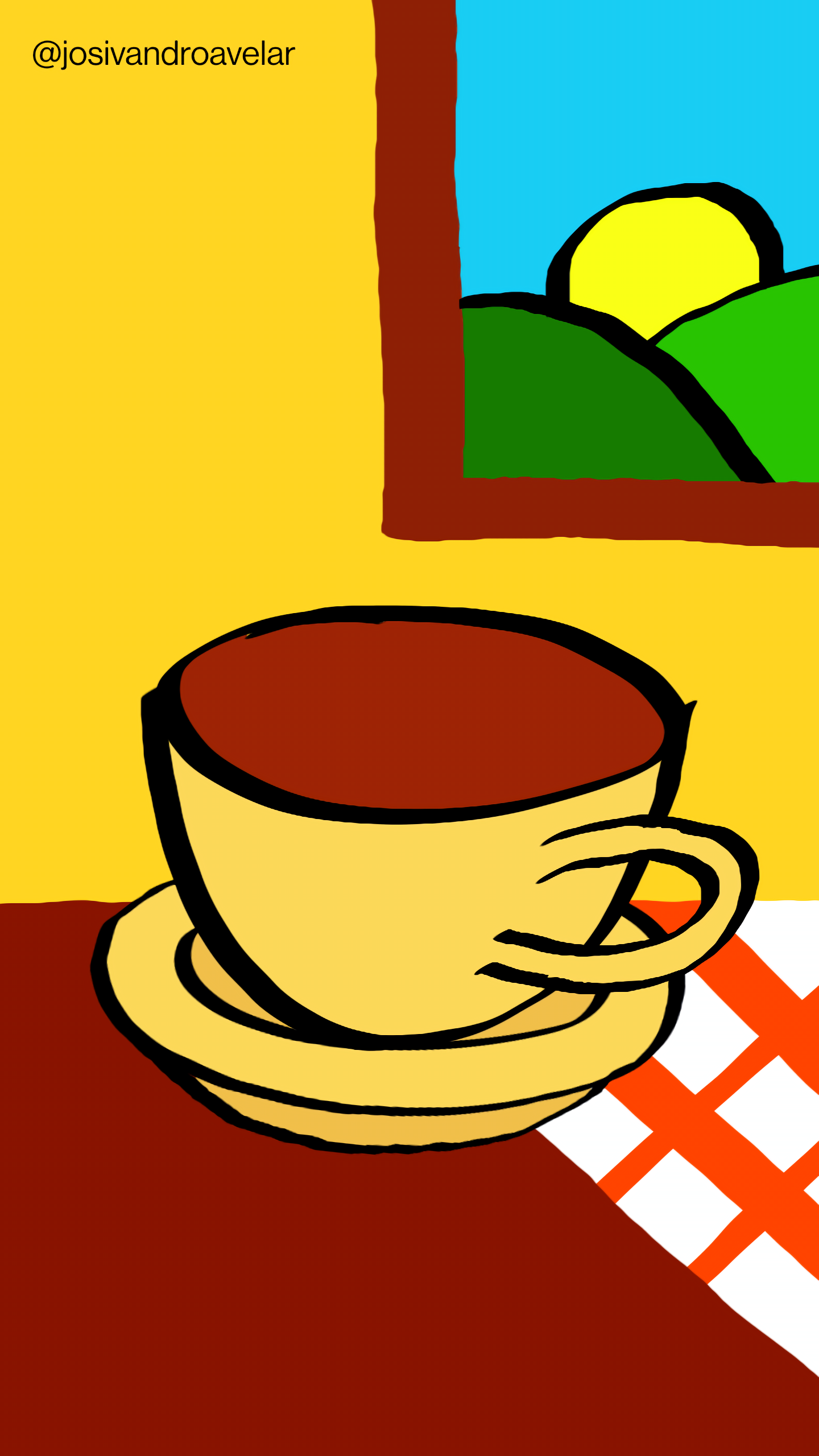 Artes digitais: sonhando com café 1 Sonhando com café na mesa em tons de marrom que lembra madeira, com uma toalha listrada em vermelho e branco, em uma xícara em tons de creme, com uma paisagem solar em uma janela de uma parede amarela ocre.