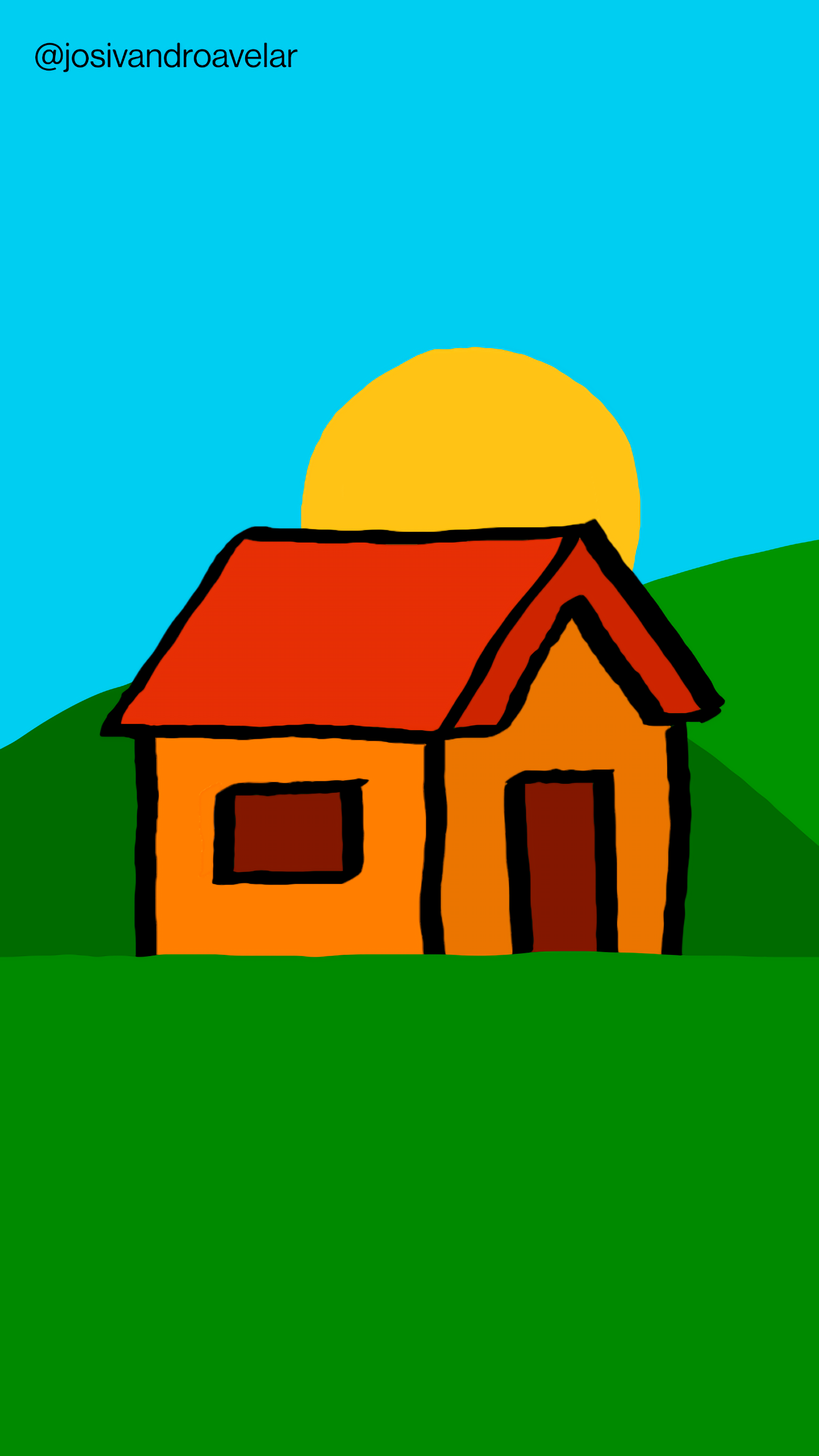 Artes digitais: lá de onde? 1 Uma casa laranja lá de onde, em morros e grama verde, tendo um céu azul com um Sol amarelo ao fundo.