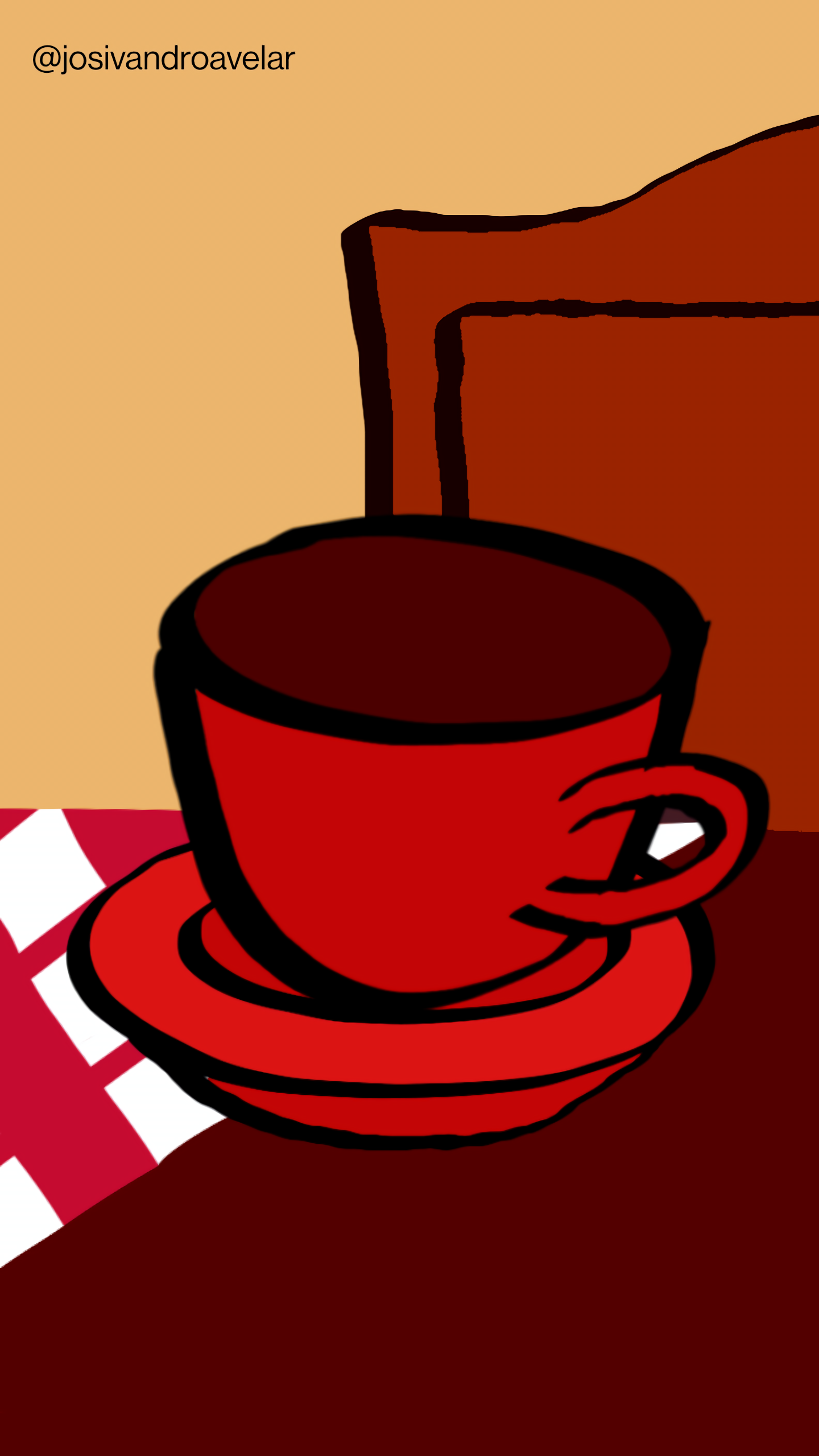 Artes digitais: café de casa 1 Aquele café de casa, servido em uma xícara em tons de vermelho escuro, em cima de uma mesa com uma toalha, tendo ao fundo uma parede com uma estante.