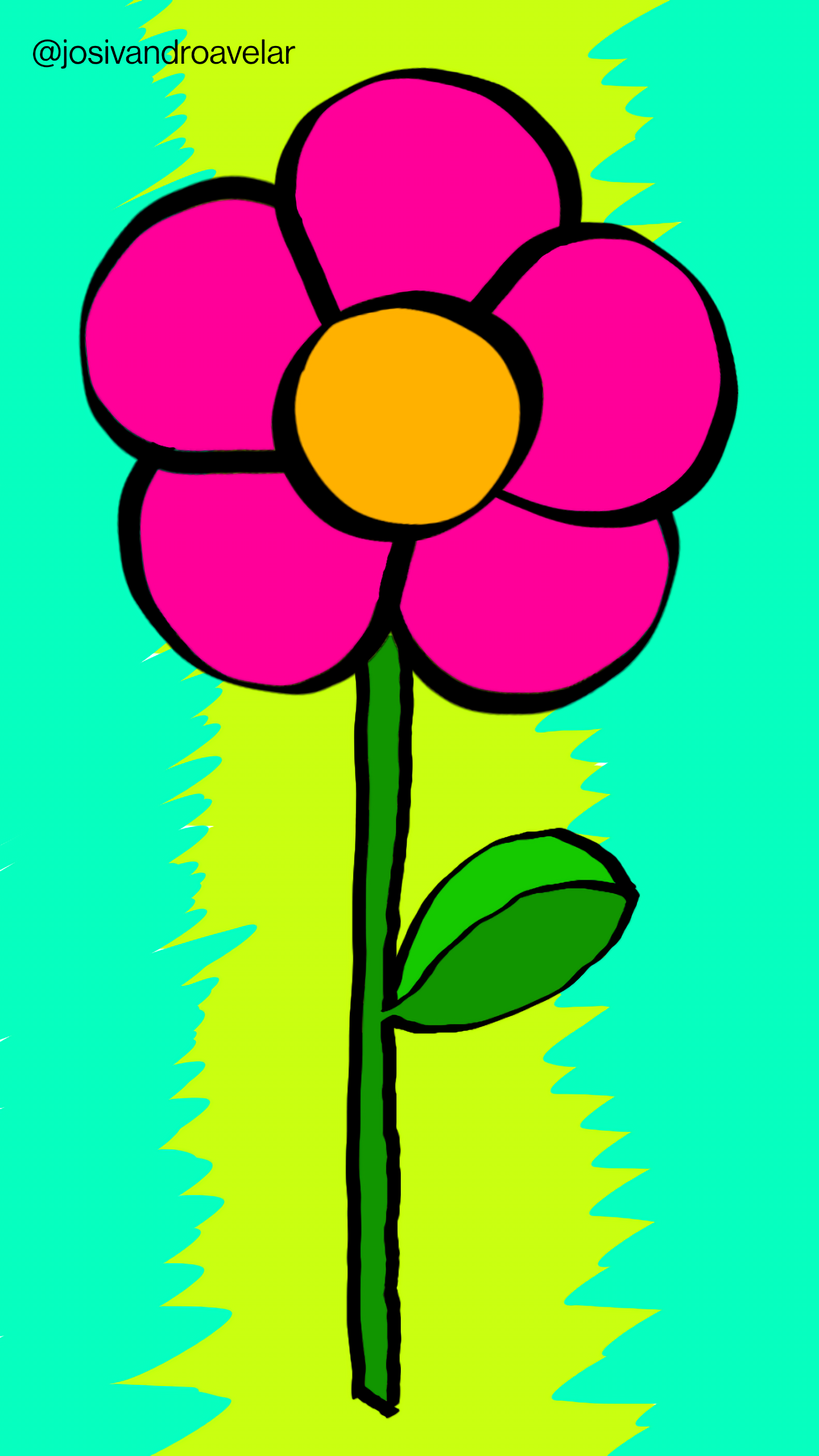 Artes digitais: pétalas e cores 1 Uma flor de pétalas e cores marcantes. Pétalas em tons de magenta em fundo esverdeado.