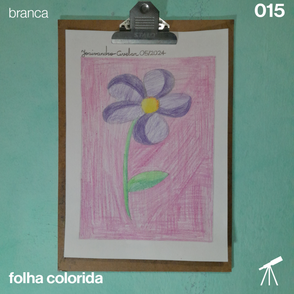 #FolhaBranca 015 - Uma violeta 1 Desenho de uma violeta sobre fundo em tom rosado.