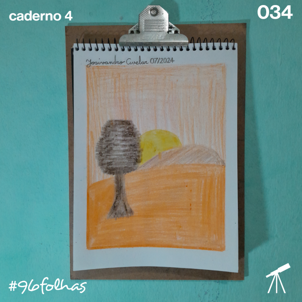 #96folhas caderno 4 - 034: Tons de outono 1 Desenho feito com tons de outono, entre o amarelo do Sol, o laranja leve do céu e mais marcante na terra, o marrom da montanha e a árvore sombreada.