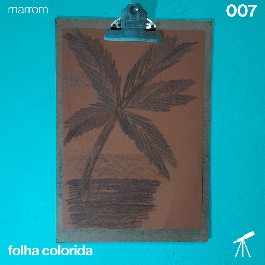 #FolhaMarrom 007 - Praia 1 Desenho de um coqueiro junto a areia e o mar, representando a praia.