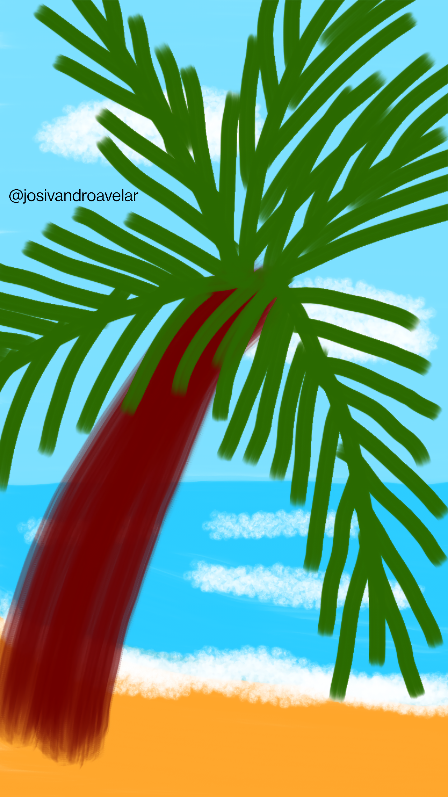 Artes digitais: paisagem tropical 1 Paisagem tropical com um coqueiro no primeiro plano, mar, areia, céu azul.