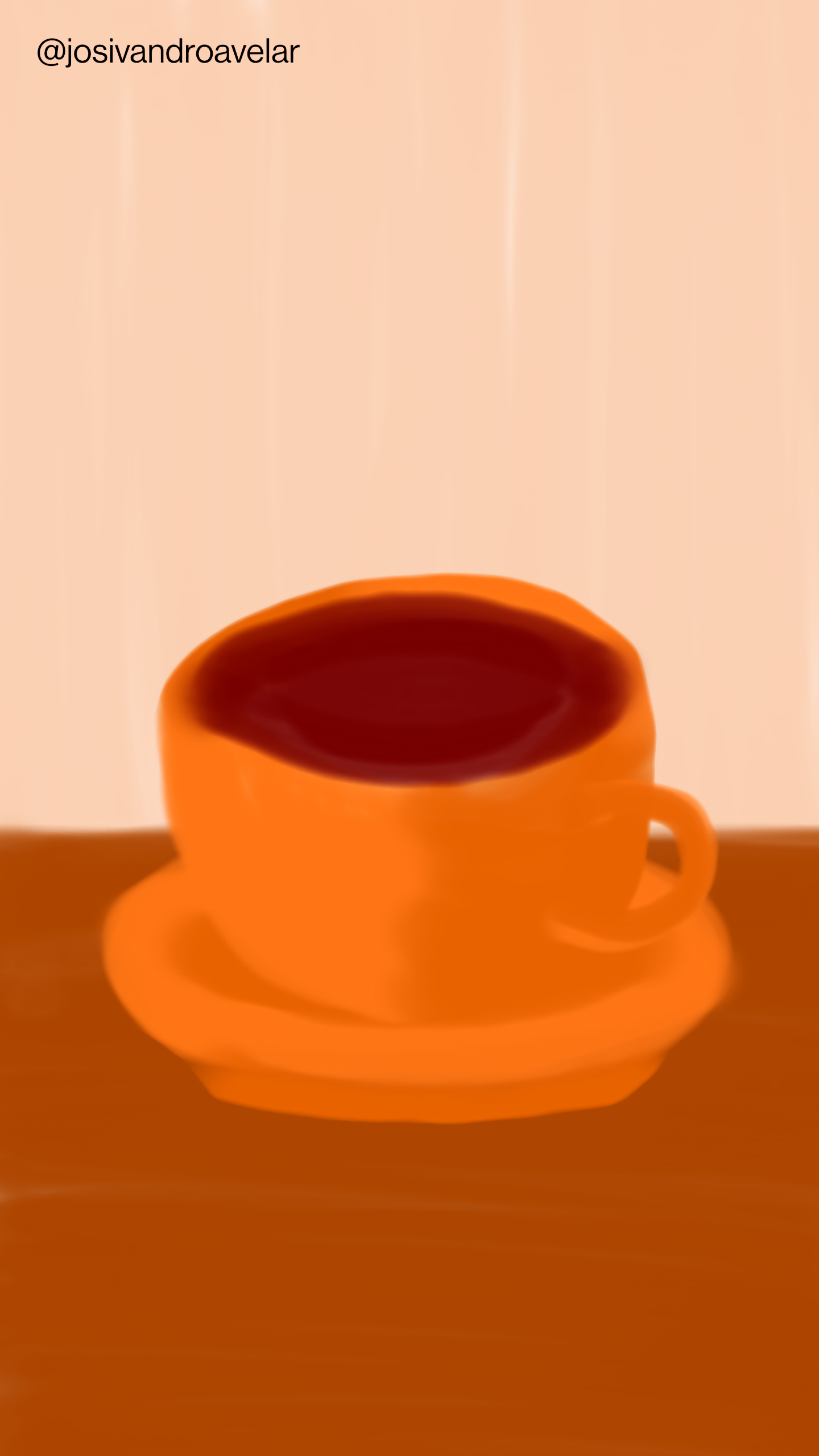 Artes digitais: um café vai bem, não é? 1 Um café vai bem em uma xícara em tom de cerâmica, em uma mesa de madeira e em uma parede em tom de salmão.