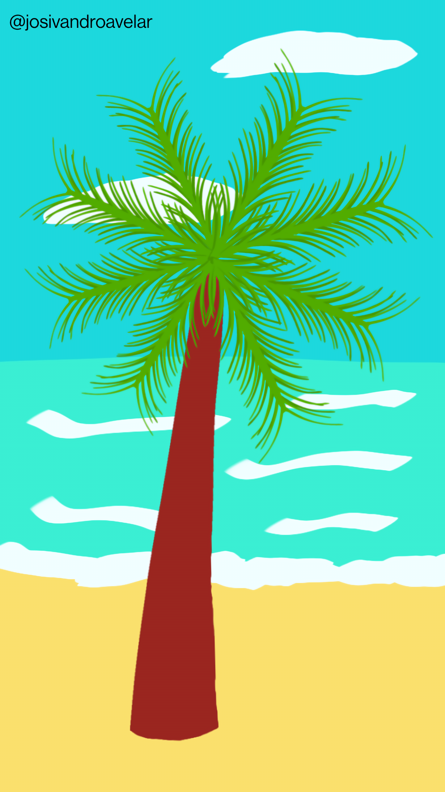 Artes digitais: coqueiro da praia 1 O coqueiro da praia, que tem areia e mar com ondas. Ao fundo, o céu azul.