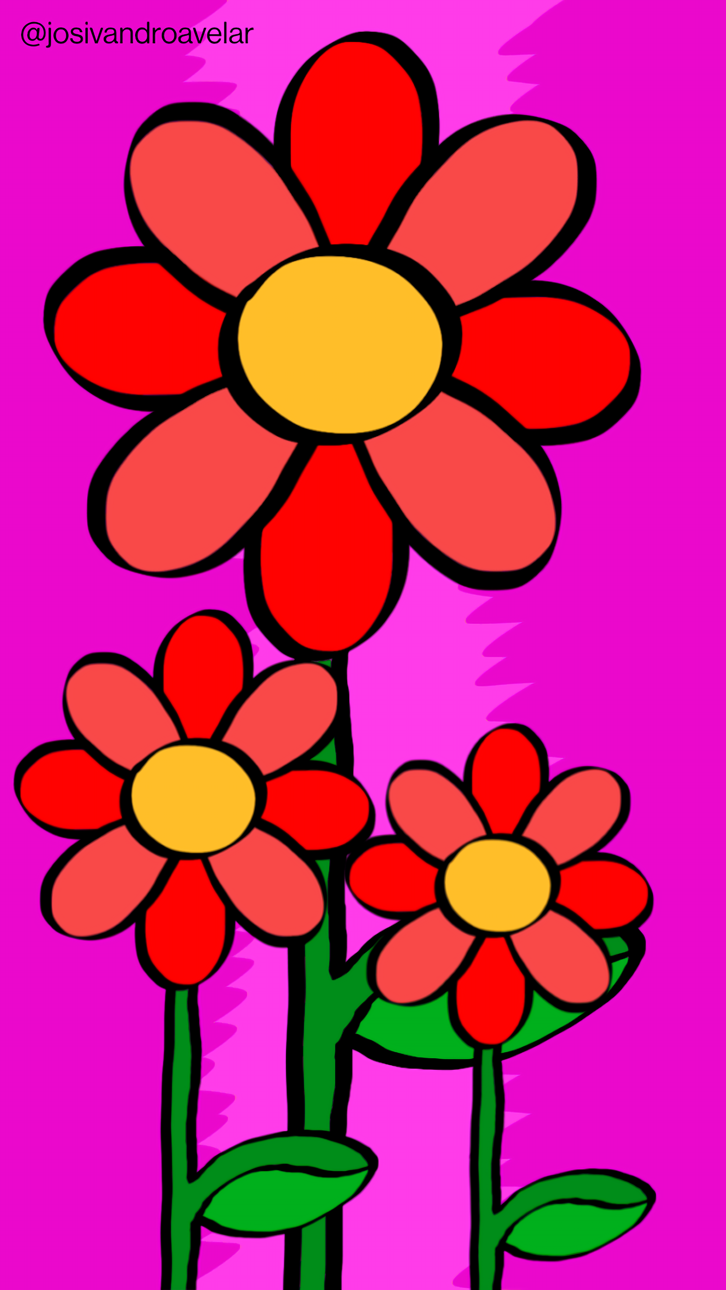 Artes digitais: vermelho das flores 1 O vermelho das flores em um fundo rosa. Três flores vermelhas aparecem no desenho.