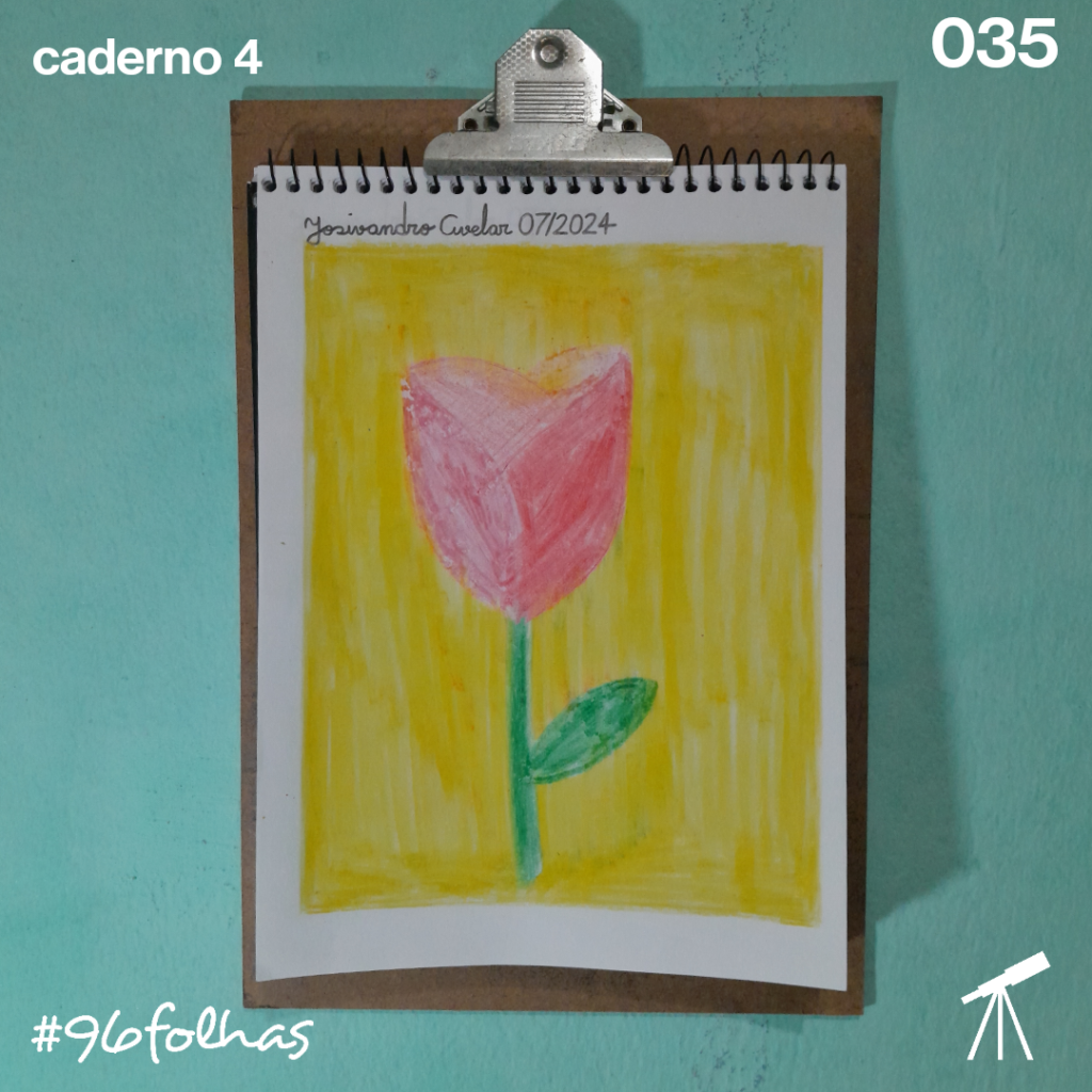 #96folhas caderno 4 - 035: Rosa tropical 1 Rosa tropical em tons de vermelho, sobre fundo amarelo, feito em giz de cera.