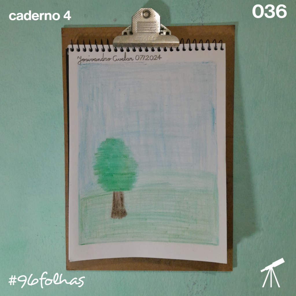 #96folhas caderno 4 - 036: Tons da natureza 1 Uma árvore sobre uma serra e o céu azul, representando os tons da natureza.
