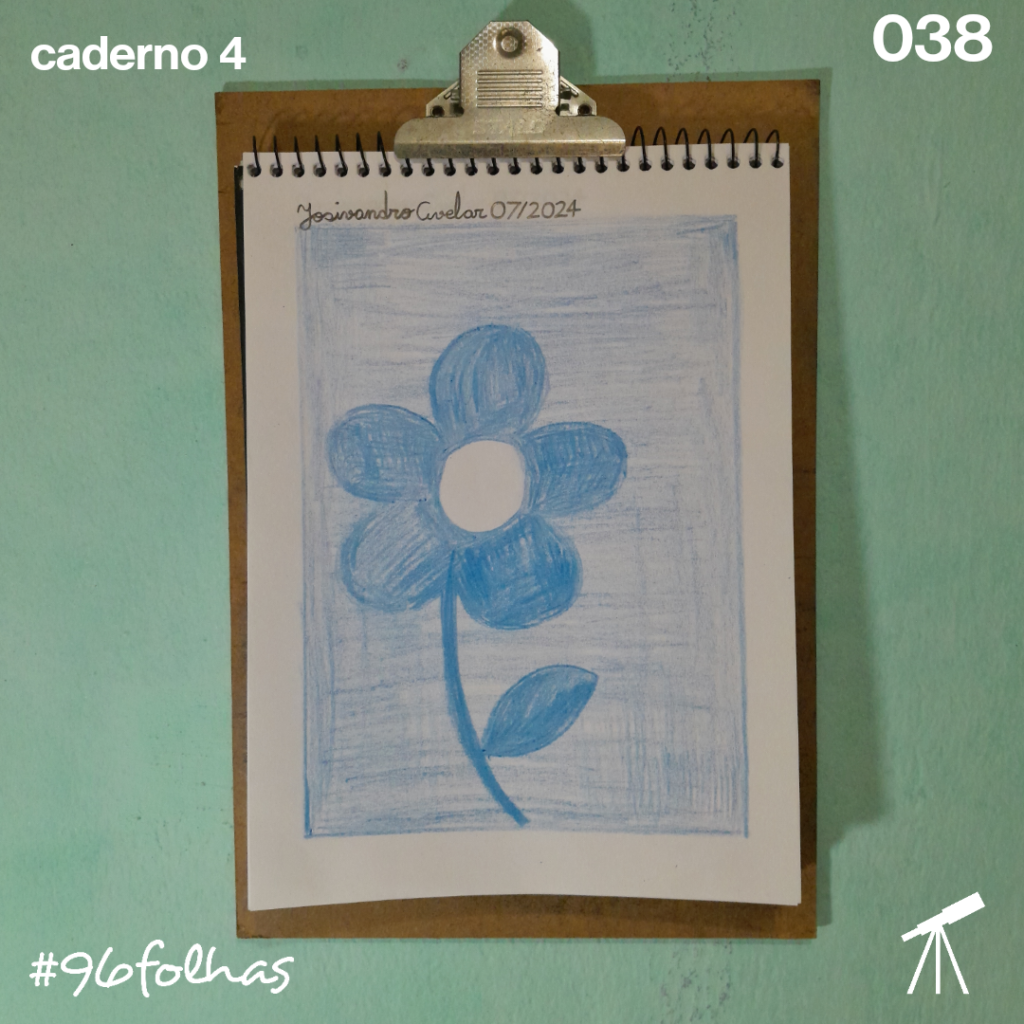 #96folhas caderno 4 - 038: Flor azul 1 Uma flor azul, em um fundo azul, feito com tocos de giz de cera de cor azul.