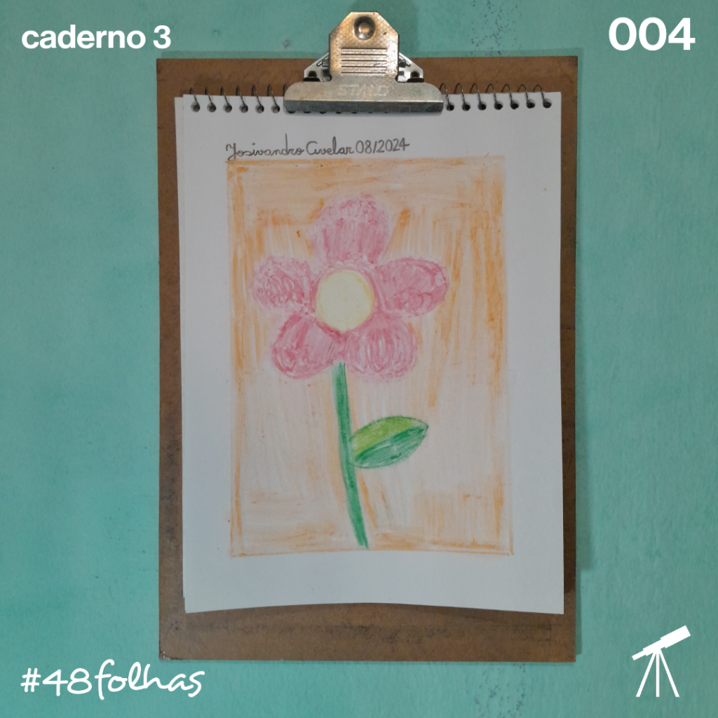 #48folhas caderno 3 - 004: Flor cítrica 1 Uma flor cítrica, de pétalas vermelhas, sobre fundo laranja.