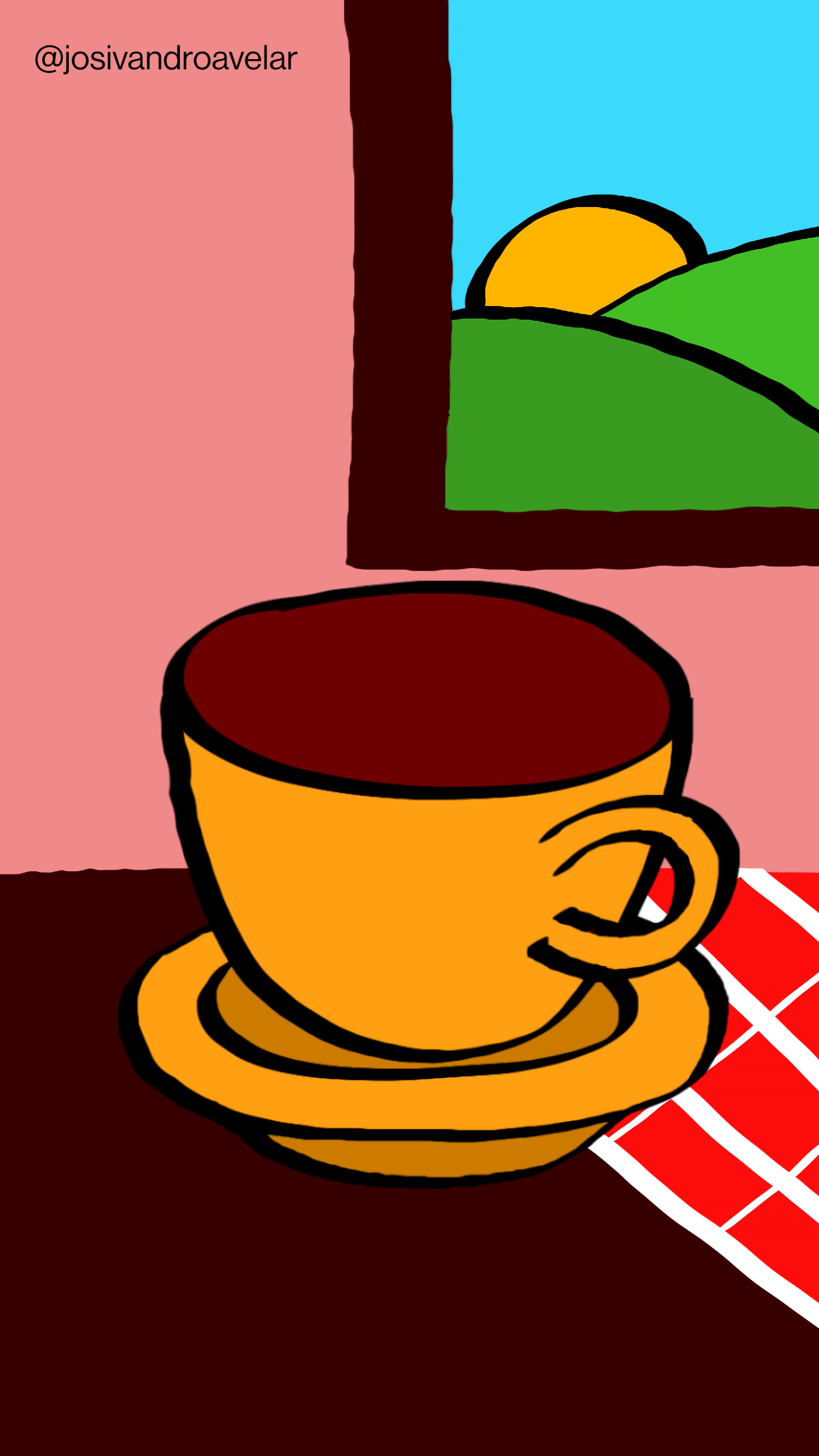 Artes digitais: apenas um bom café 1 Apenas um bom café servido em uma xícara em tom de laranja, sobre uma mesa em tom de madeira escura com uma toalha xadrez em vermelho e branco, ao fundo uma parede vermelha e uma janela aberta com Sol e montanhas.