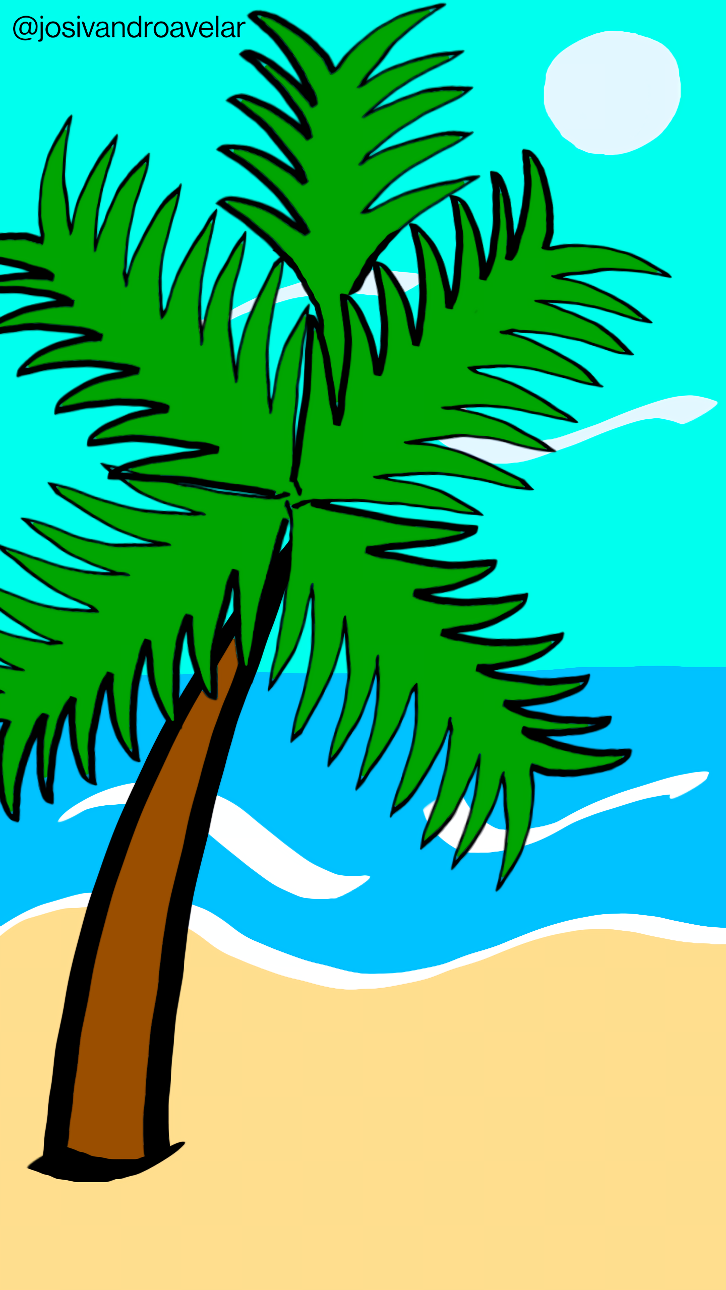 Artes digitais: Tropical Pop 1 Desenho Tropical Pop com um coqueiro em uma praia, com areia, mar azul e céu em tom de azul claro com poucas nuvens e Sol.