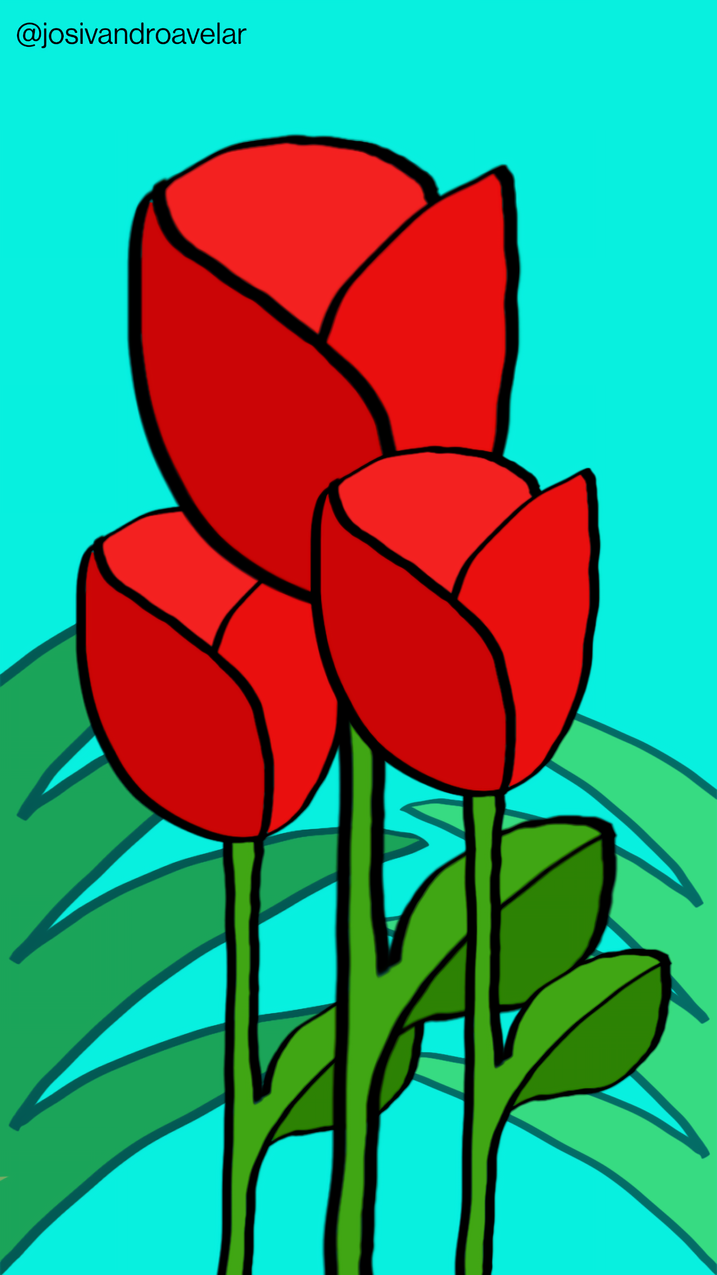 Bora desenhar? #105 1 Por entre as rosas, três rosas vermelhas, na frente de plantas e um céu azul.