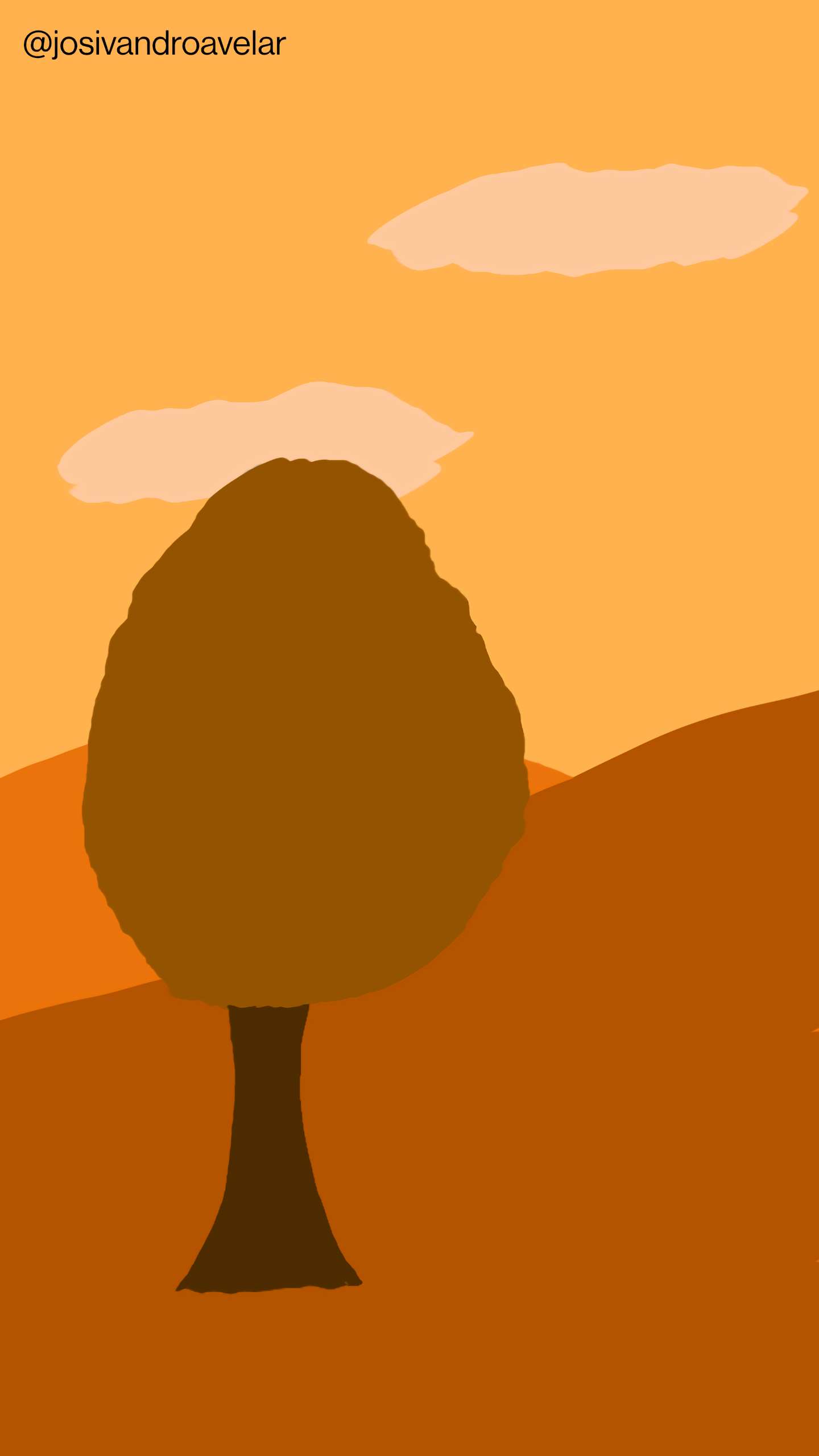 Artes digitais: tons de outono 1 Tons de outono em laranja e marrom, representados em uma árvore com montanhas e um céu alaranjado com nuvens.