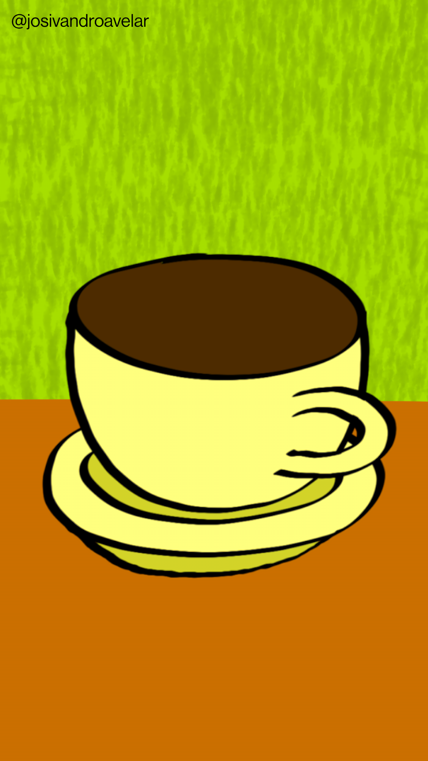 Artes digitais: momento para tomar um café 1 Momento para tomar um bom café, servido em uma xícara em tons de creme, sobre uma mesa em tom de madeira clara, sob uma parede em tons de verde claro com texturas.