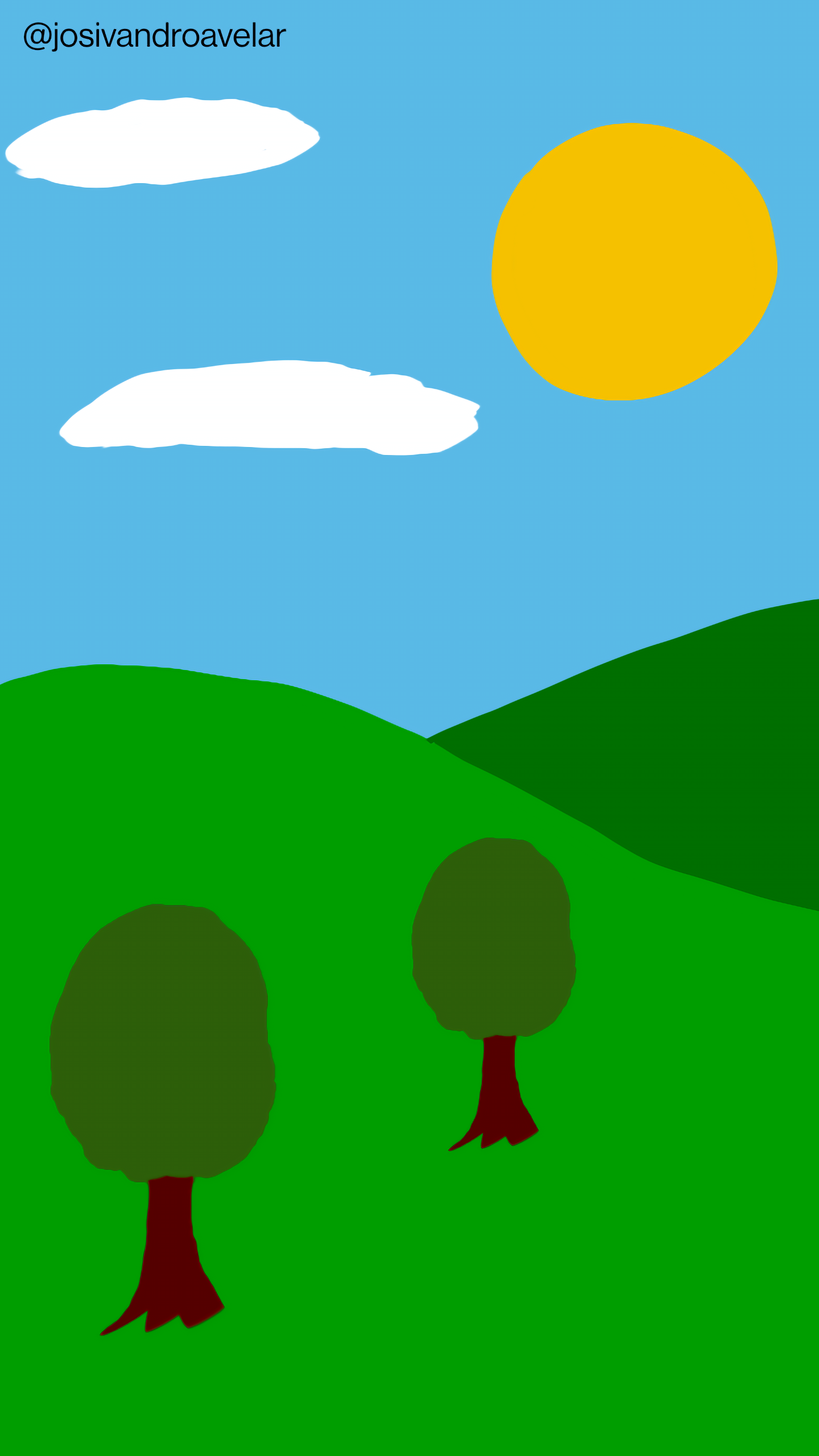 Artes digitais: cenário de pote de margarina 1 Cenário de pote de margarina, com duas árvores, montanhas verdejantes, céu azul e o Sol amarelo.