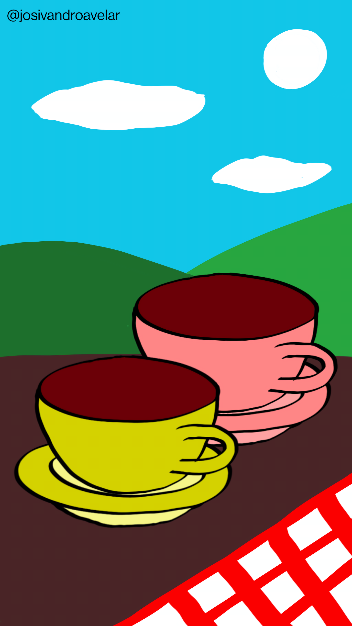 Artes digitais: café para dois ao pé da montanha 1 Café para dois ao pé da montanha, servido em duas xícaras, uma amarela no primeiro plano e uma cor de rosa no segundo plano, em cima de uma mesa em tom de madeira com uma toalha estendida nas cores vermelha e branca, tendo ao fundo uma paisagem com montanhas em tons de verde e um céu azul com poucas nuvens e o Sol.
