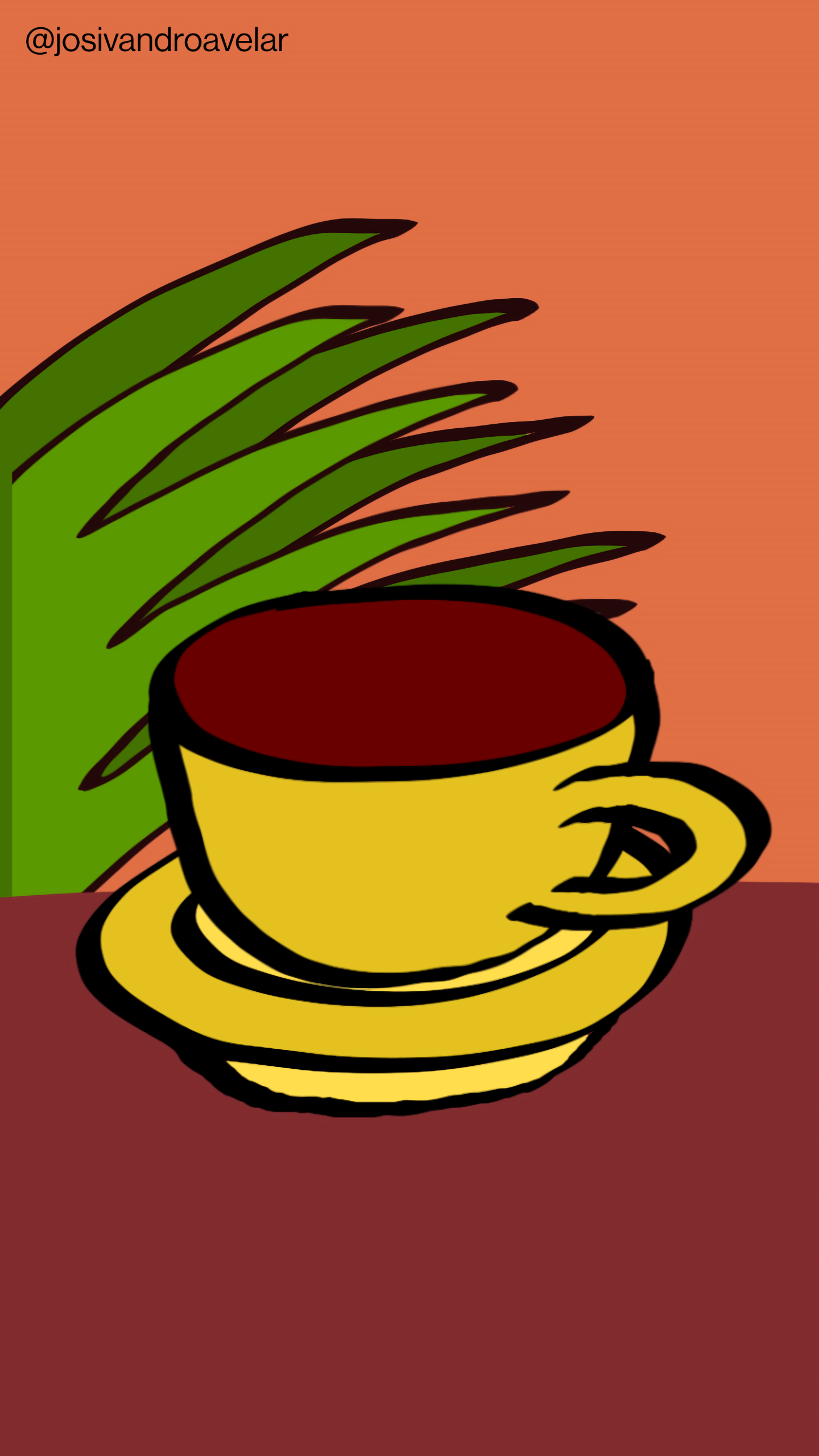 Artes digitais: entardecer com café 1 Entardecer com café em uma xícara em tons de amarelo, sobre uma mesa em tons de madeira, na frente de uma planta ornamental e um fundo em tom alaranjado.