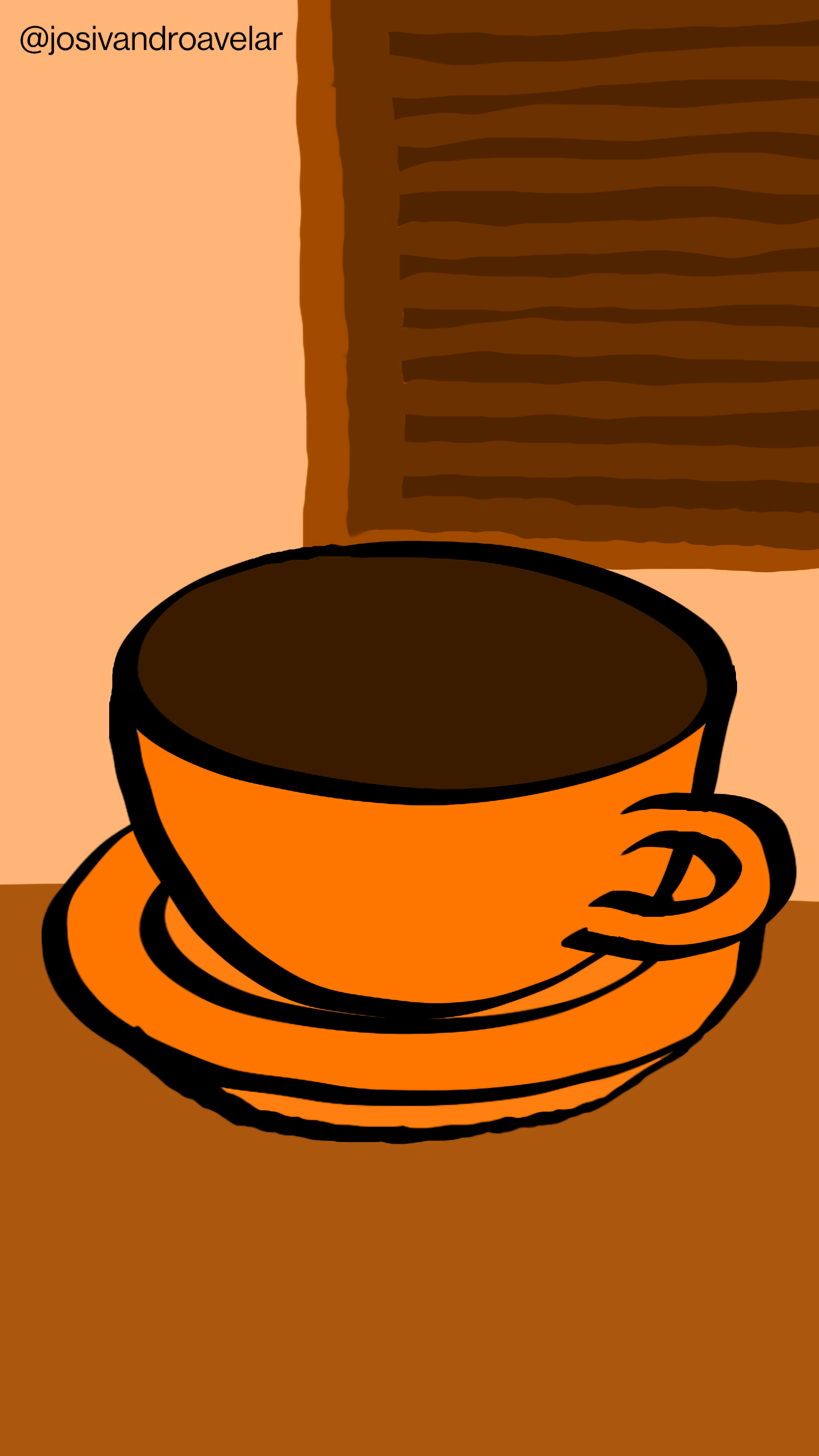 Artes digitais: tem café na mesa 1 Tem café na mesa! E está em uma xícara em tom de cerâmica, sobre uma mesa em tom de madeira mais clara, na frente de uma parede em tom de marrom claro com uma janela em tom de madeira mais escura.