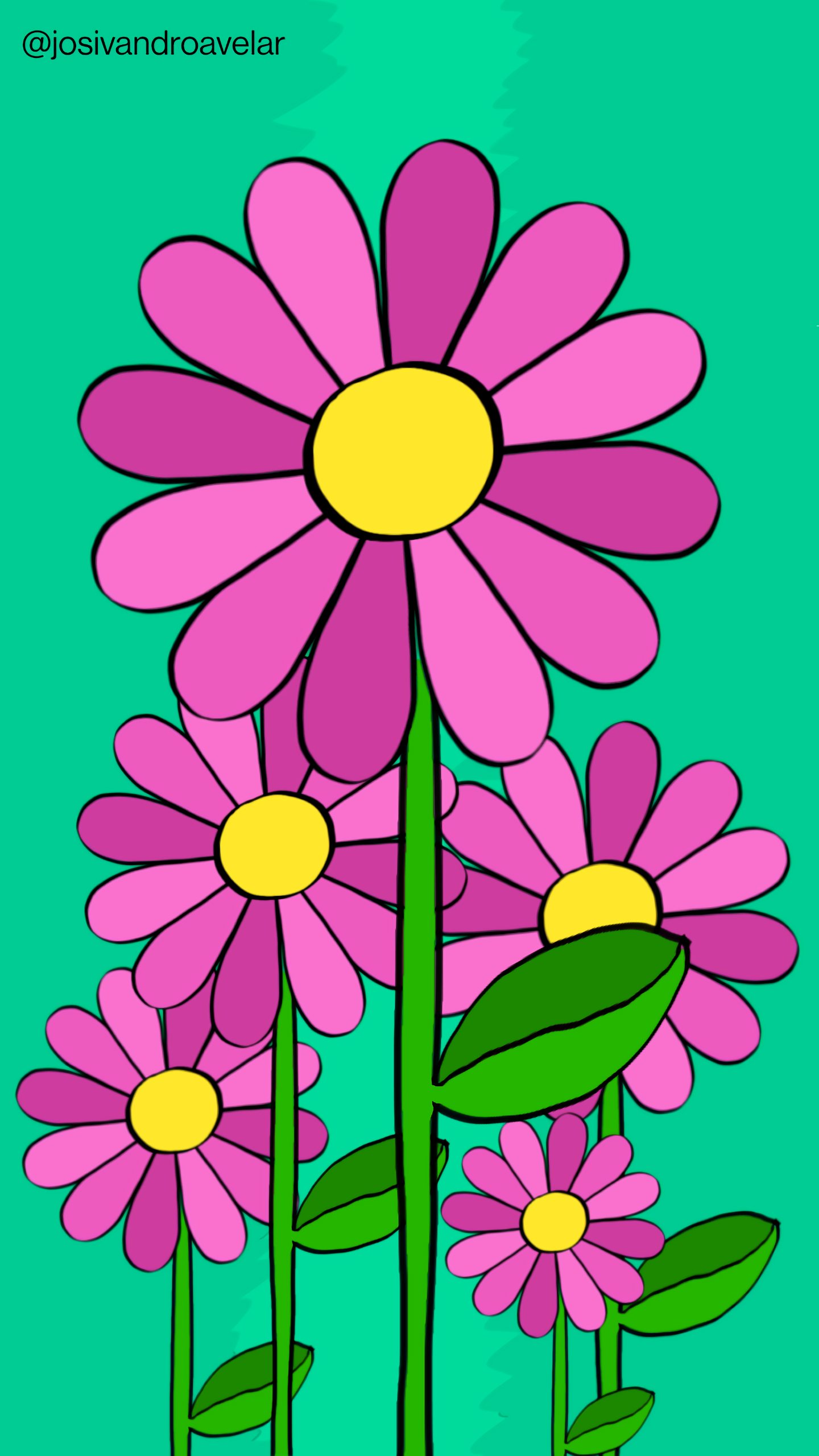 Bora desenhar? #074 1 O que floresce em nós são flores com várias pétalas em dois tons de violeta, sobre fundo verde.