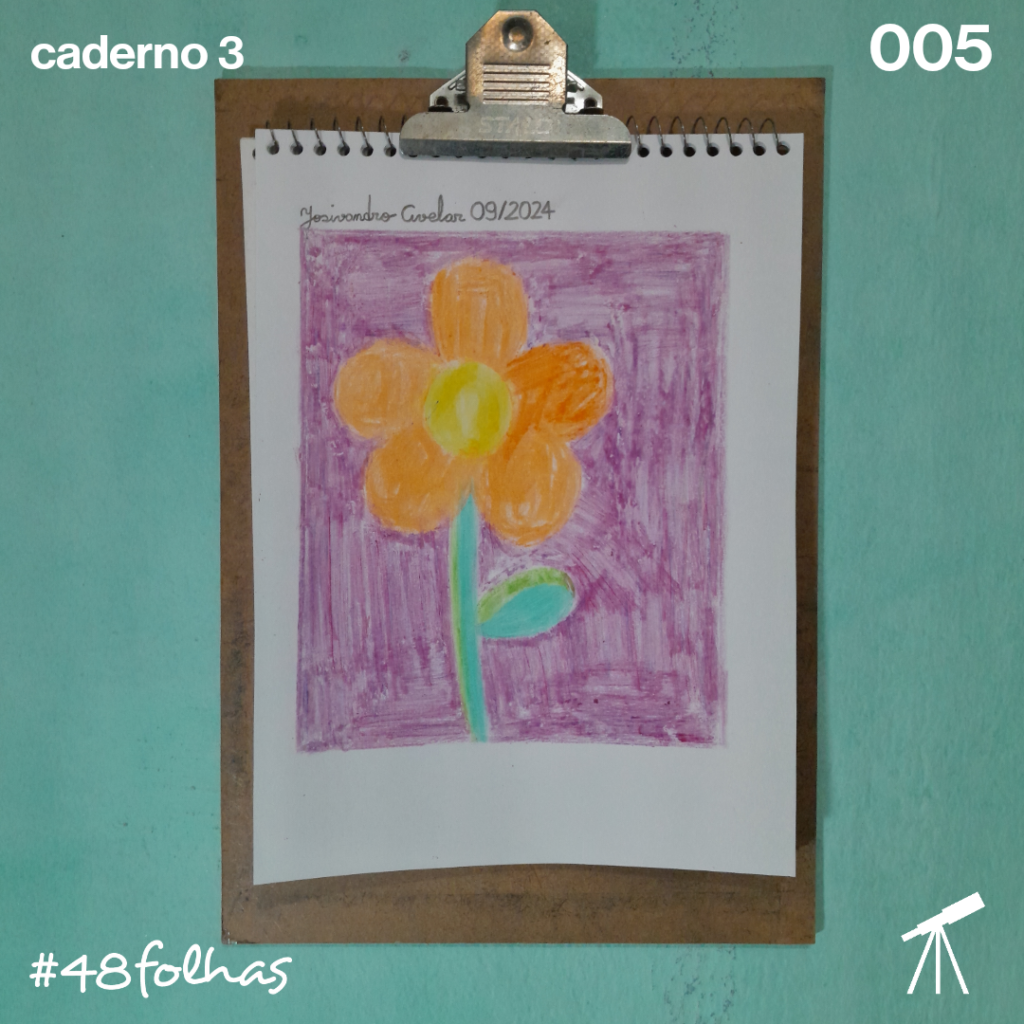 #48folhas caderno 3 - 005: Alaranjado em violeta 1 Flor de pétalas alaranjadas, em fundo violeta.