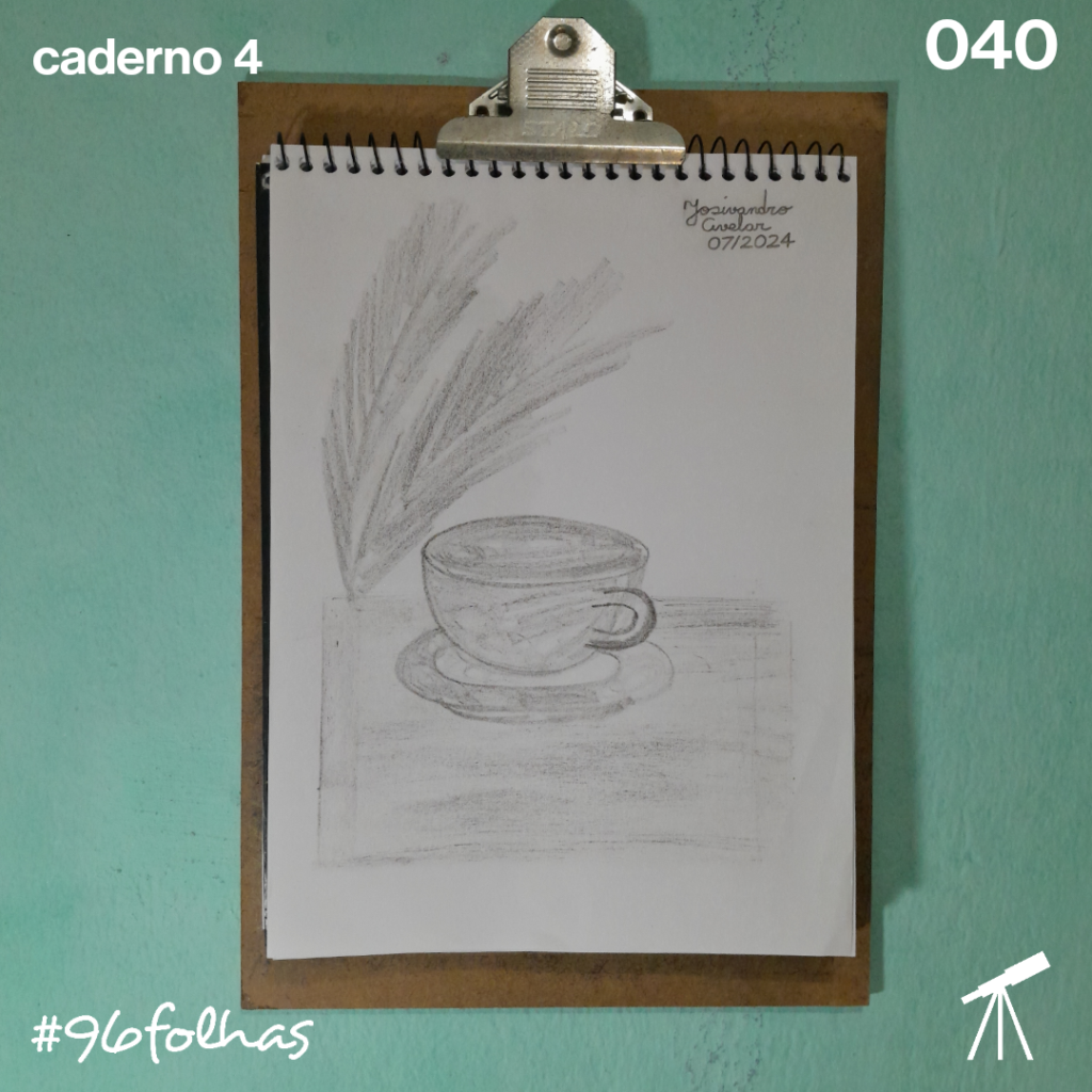#96folhas caderno 4 - 040: Que tal um café no jardim? 1 Que tal um café no jardim? Fiz com tocos de giz de cera de cor preta.