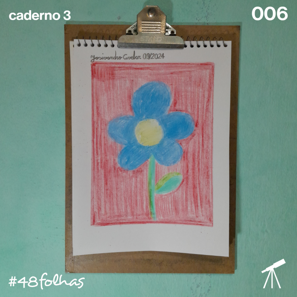 #48folhas caderno 3 - 006: Contraste 1 Desenho que traz o contraste do fundo vermelho com a flor de pétalas azuis.