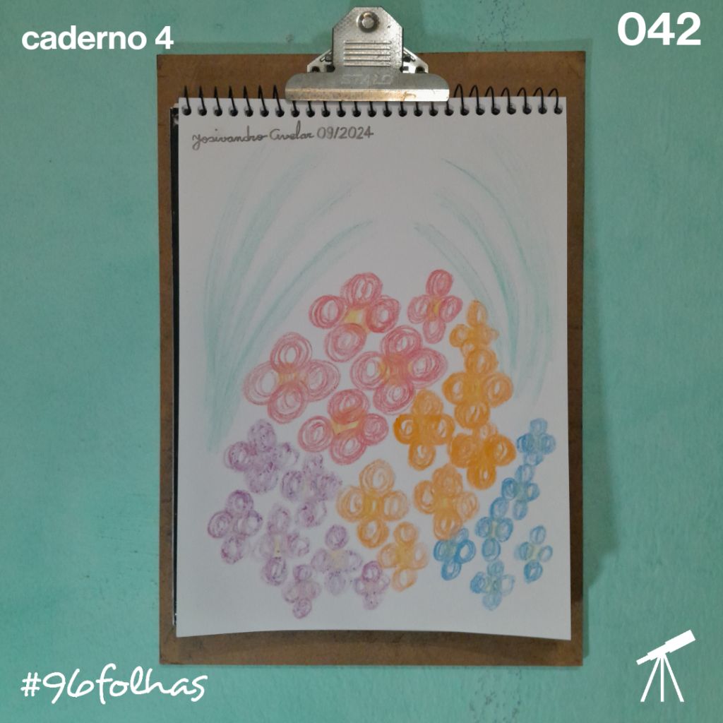 #96folhas caderno 4 - 042: Primavera 1 Várias flores de cores violeta, vermelha e azul, com folhas ao fundo, formando uma paisagem de primavera.