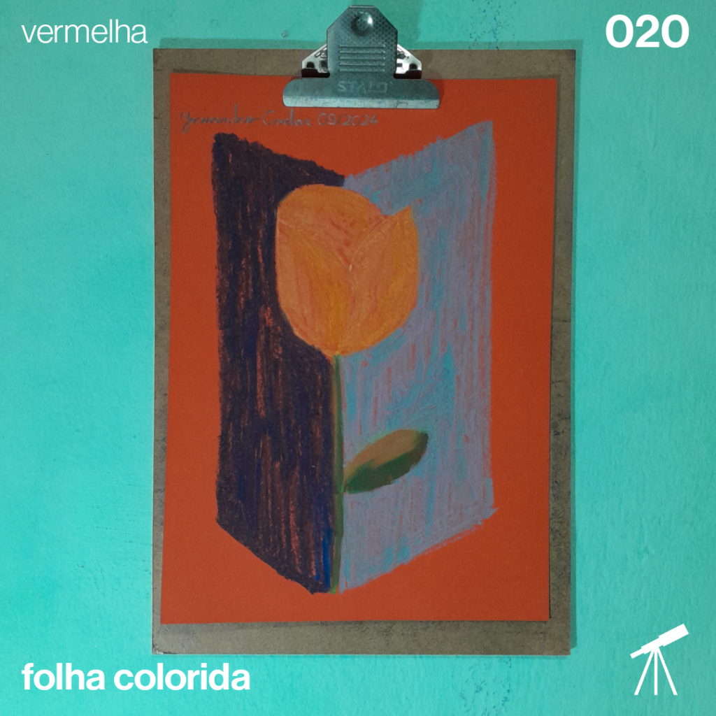 #FolhaVermelha 020 - Rosa amarela 1 Rosa amarela sobre um fundo geométrico em dois tons de azul, feito com giz pastel sobre folha vermelha.
