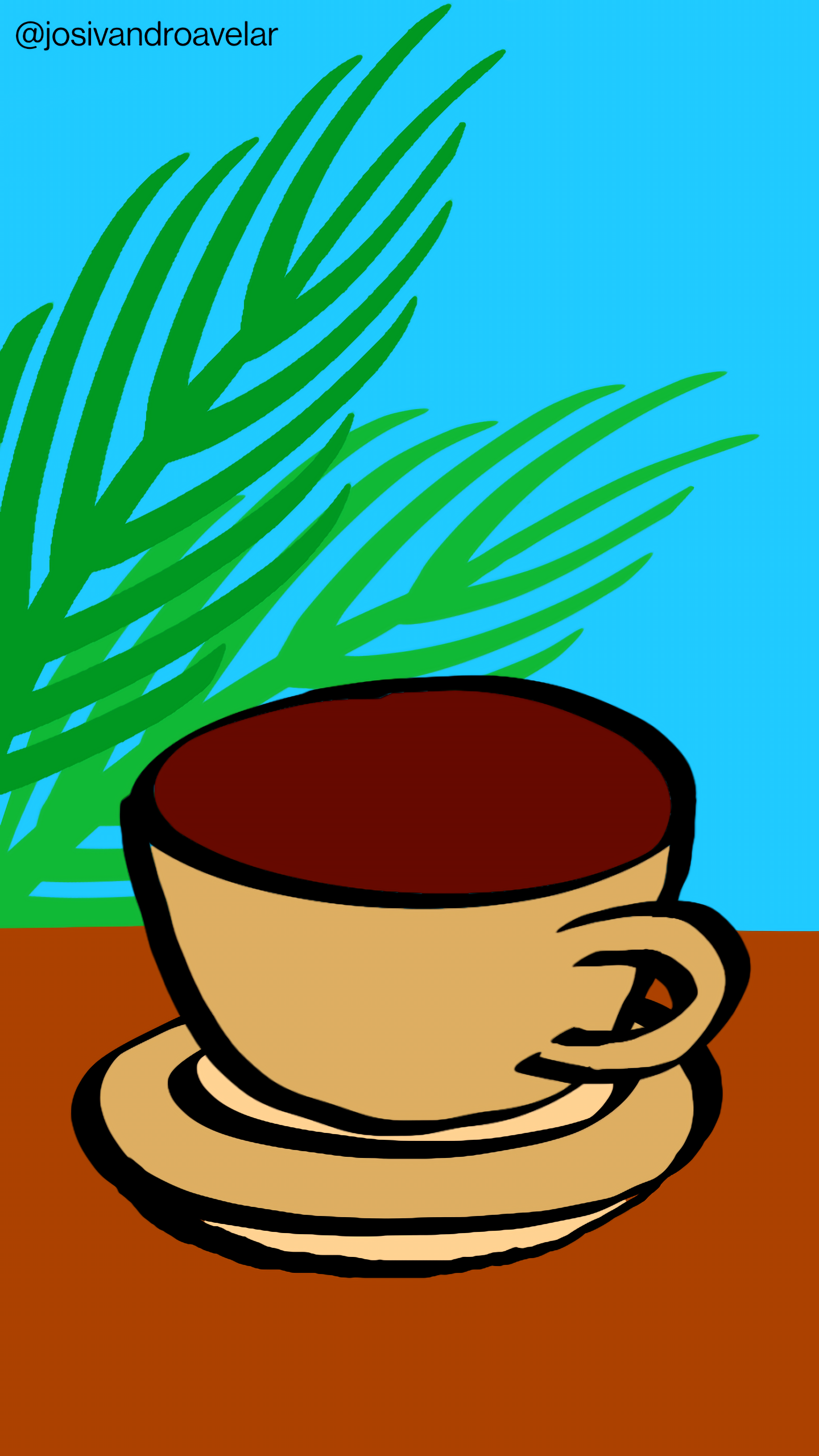 Bora desenhar? #071 1 Um bom café para recarregar as energias, servido em uma xícara em tons de bege claro, em cima de uma mesa em tom de marrom claro, tendo ao fundo um jardim com palmeiras e céu azul.