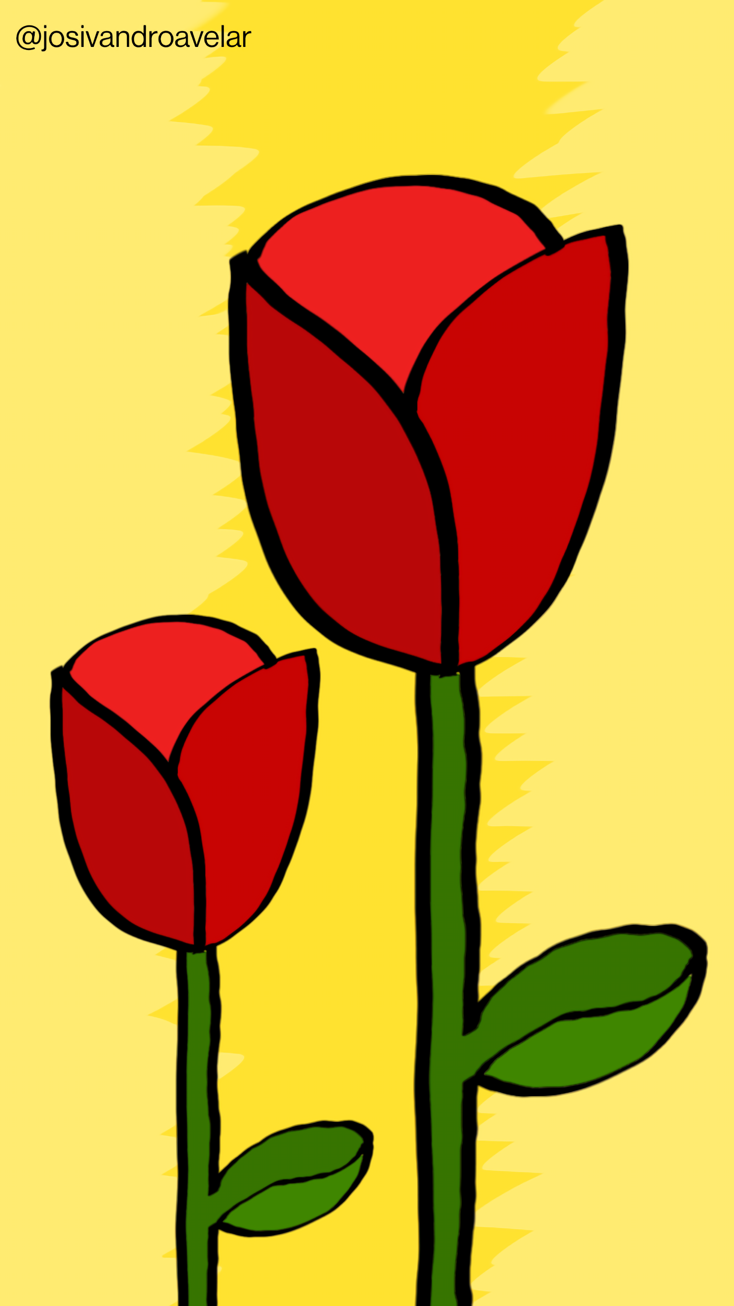 Artes digitais: rosas marcantes 1 Duas rosas marcantes de cor vermelha em fundo amarelo.