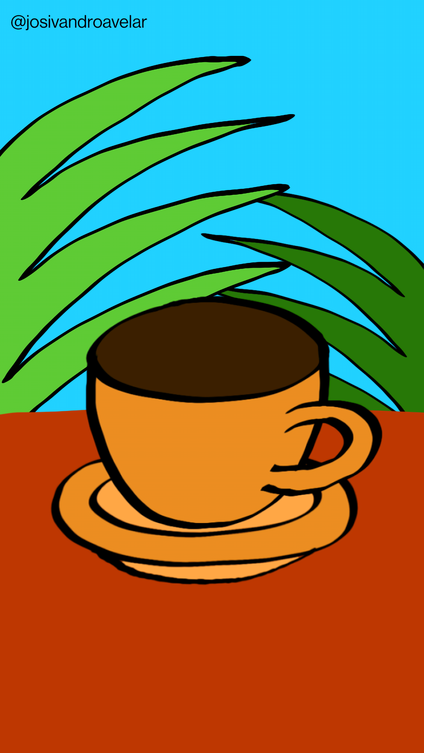 Artes digitais: café no jardim 1 Café no jardim, servido em uma xícara em tom de amarelo ocre, sobre uma mesa em tom de marrom clareado, tendo ao fundo um jardim com plantas em tons de verde e um céu azul.