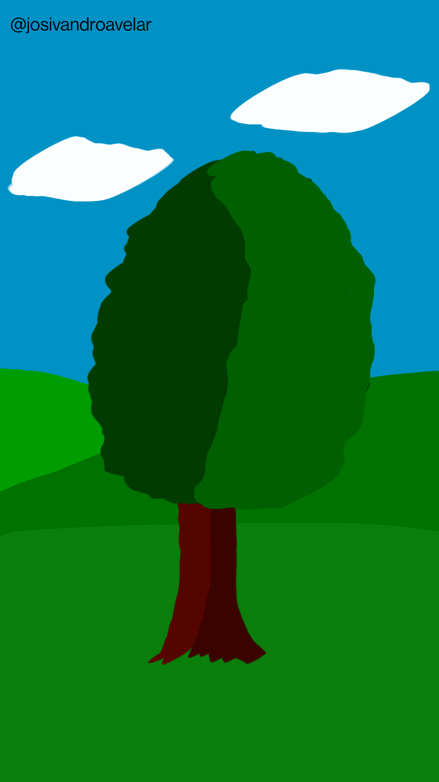 Artes digitais: a grande árvore 1 A grande árvore é verde e está sobre a grama, em uma serra com montanhas verdejantes e céu azul.