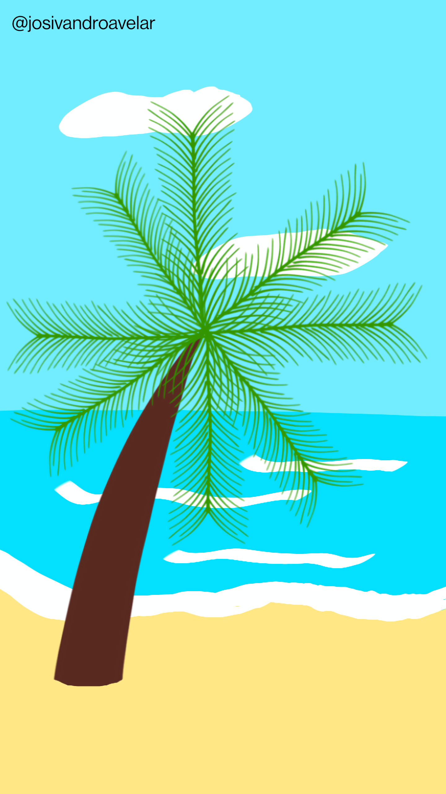 Artes digitais: cores tropicais 1 Cores tropicais de uma paisagem tropical, com coqueiro sobre uma praia, tendo ao fundo um mar com ondas e céu azul com poucas nuvens.