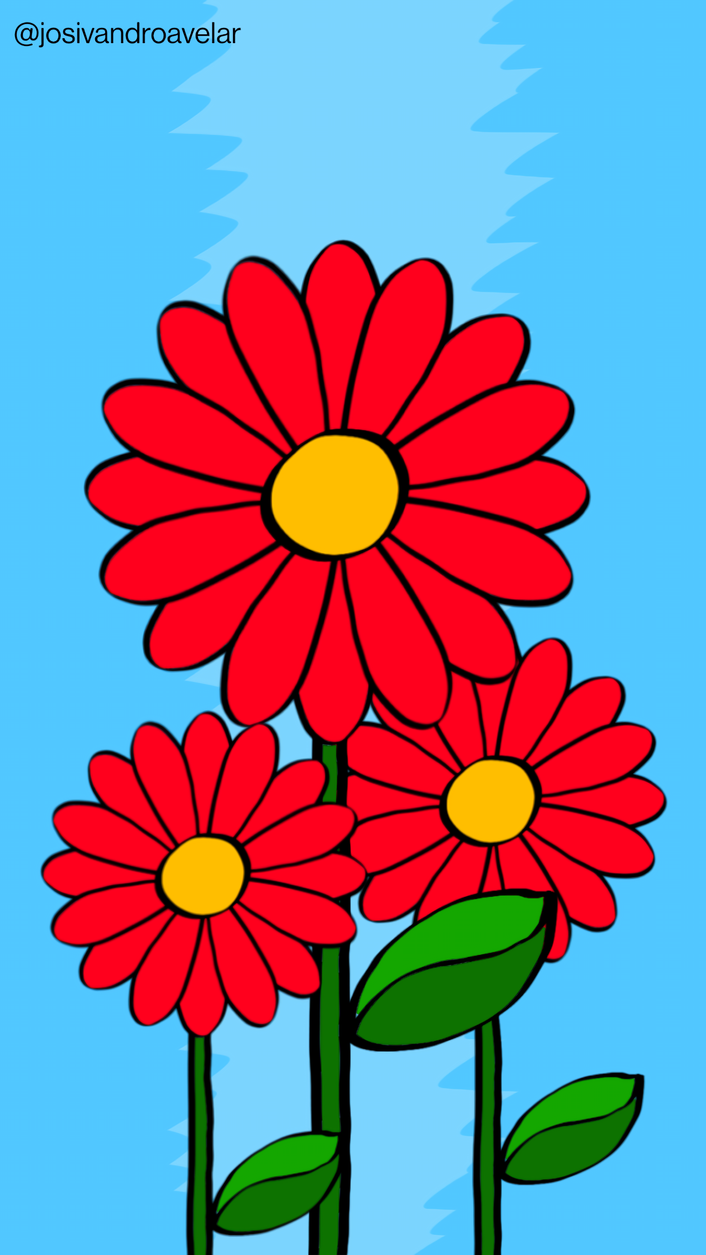 Artes digitais: flores vermelhas em sua plenitude 1 Três flores vermelhas em sua plenitude, sobre fundo azul.