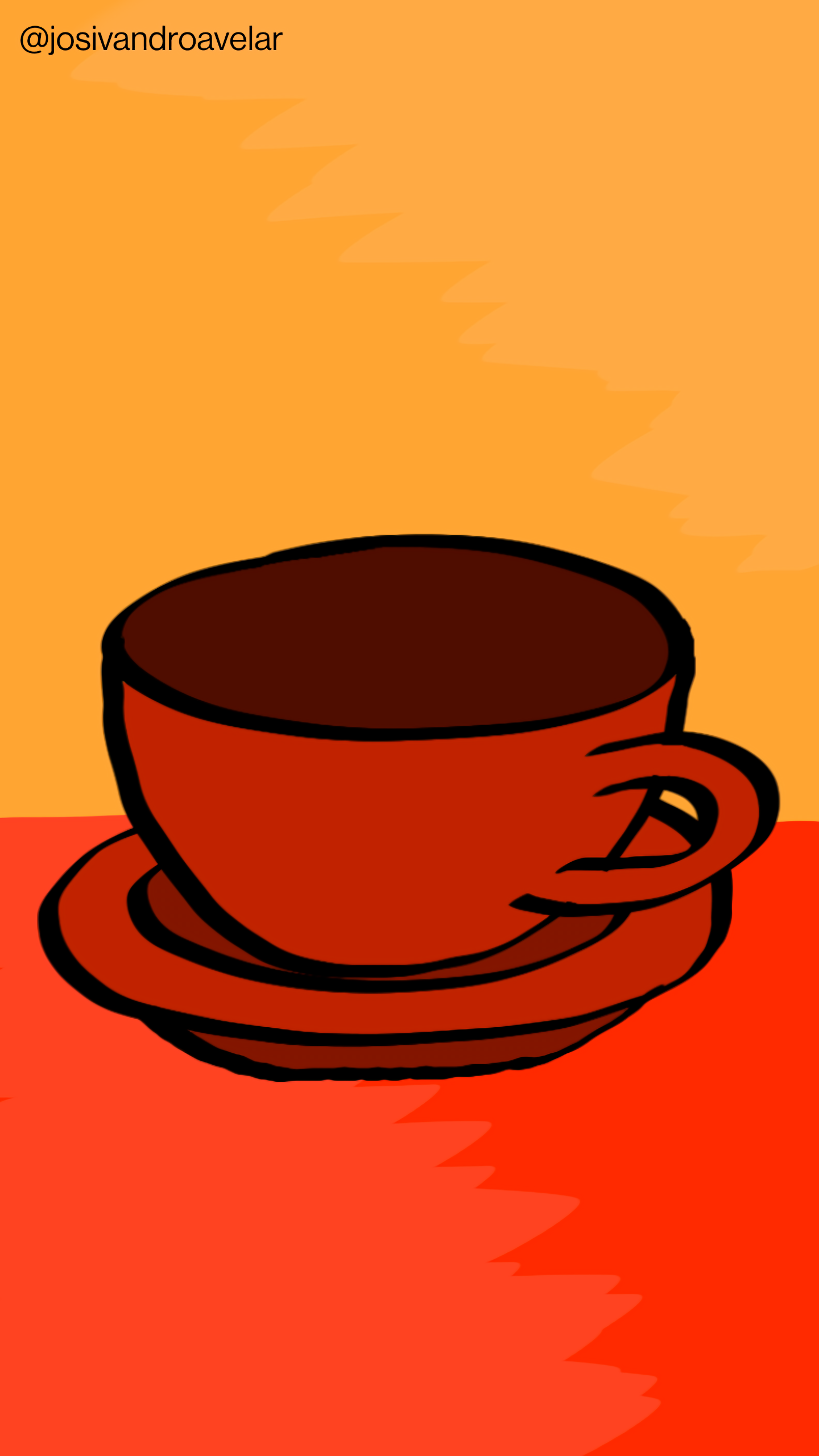 Artes digitais: café e nada mais 1 Café e nada mais, servido em uma xícara em tons de marrom escuro, sobre uma mesa em tons de alaranjado escuro, em um fundo em tons de alaranjado claro.