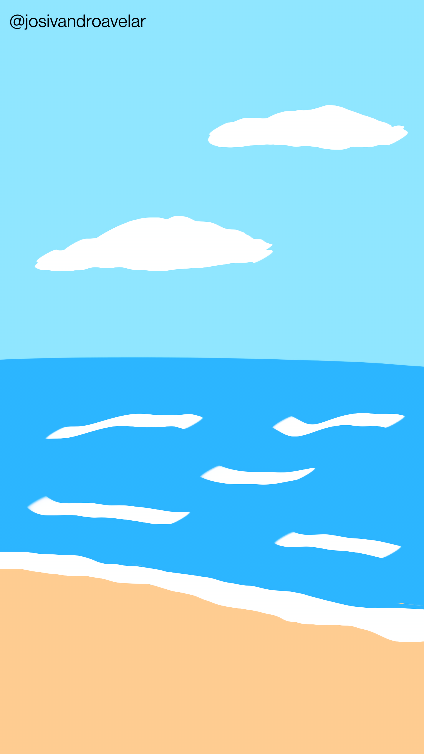 Artes digitais: azul do mar 1 O azul do céu com poucas nuvens, o azul do mar com ondas leves, a areia clara da praia.