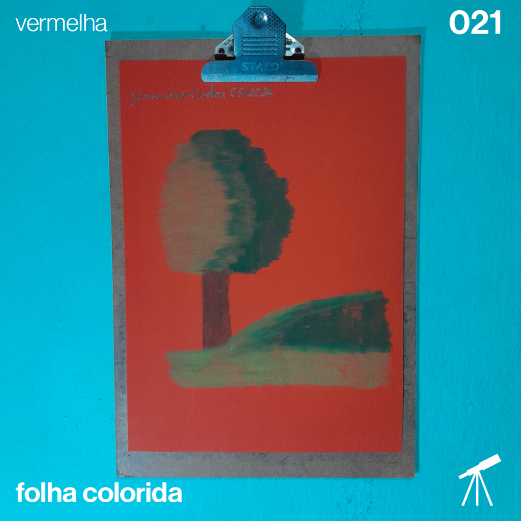 #FolhaVermelha 021 - Árvore solitária 1 Árvore solitária em tons verdes, feita em giz pastel sobre folha vermelha.