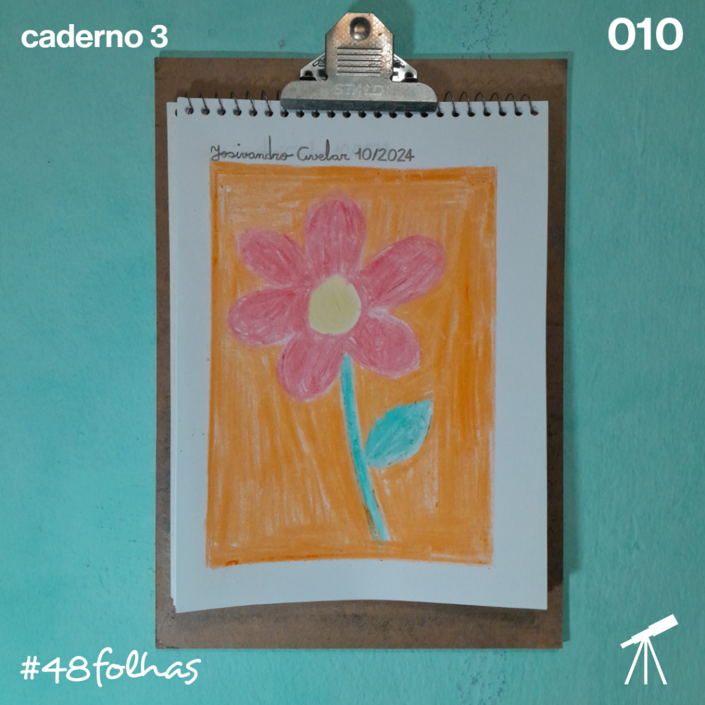 #48folhas caderno 3 - 010: Flor tropical 1 Flor tropical vermelha sobre fundo laranja, feita com tocos de giz de cera no terceiro caderno de #48folhas.