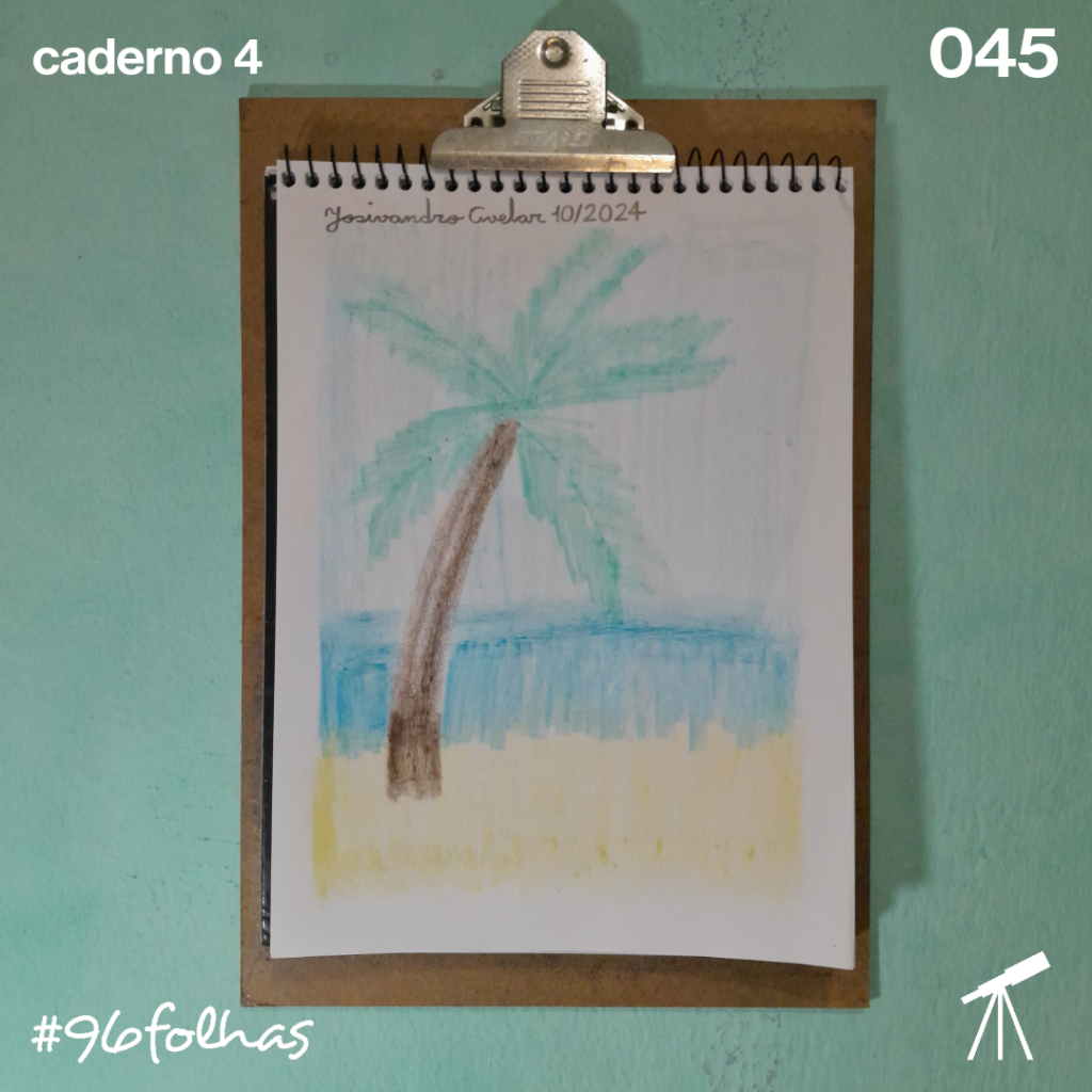 #96folhas caderno 4 - 045: Inspiração tropical 1 Paisagem de inspiração tropical, com um coqueiro, praia e céu azul.