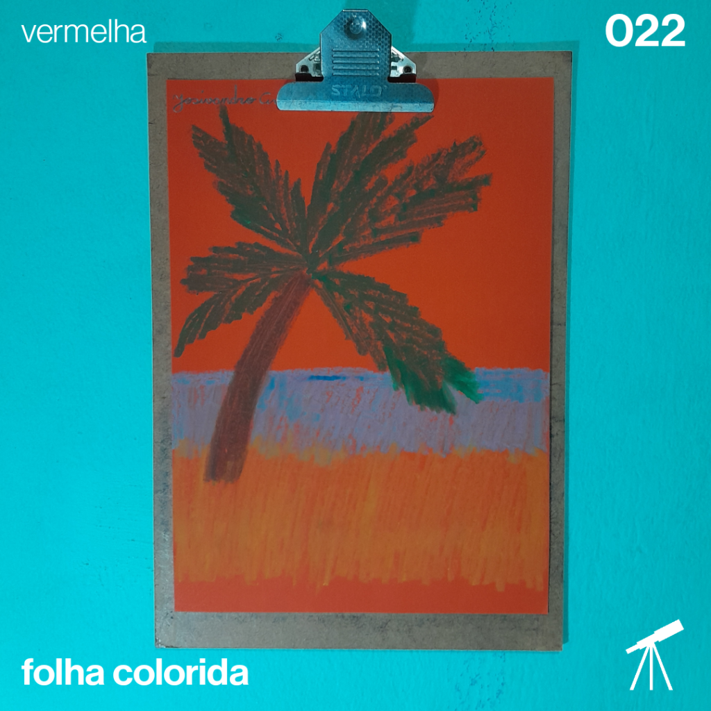#FolhaVermelha 022 - Cores tropicais 1 Paisagem com cores tropicais feita com giz pastel sobre folha de cor vermelha. Contém um coqueiro e uma praia com areia e mar.