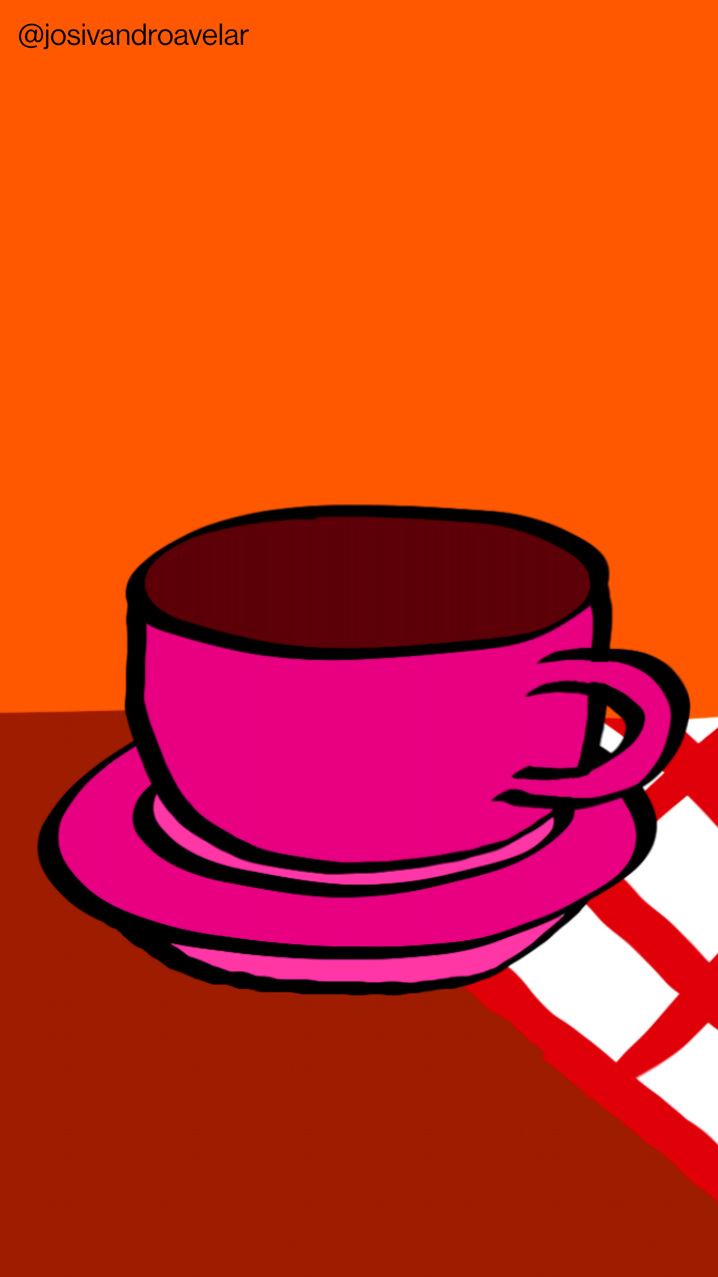 Artes digitais: café alegre 1 Café alegre, servido em uma xícara em tons de violeta, sobre uma mesa em tom de madeira com uma toalha quadriculada em vermelho e branco, sobre um fundo em tom alaranjado.