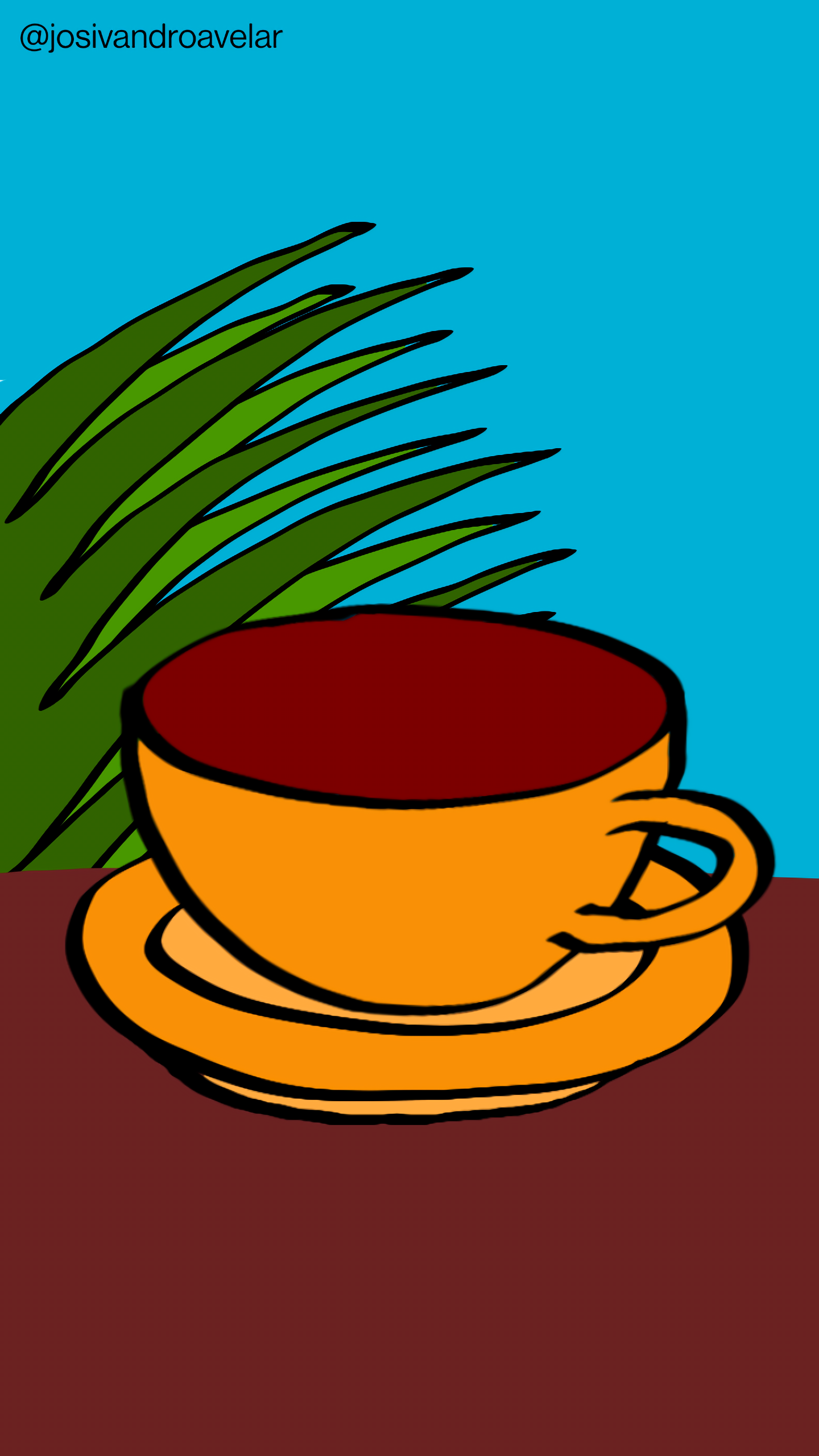Artes digitais: café para uma tarde tranquila 1 Café para uma tarde tranquila, servido em uma xícara em tons de bege, em cima de uma mesa com tons de madeira, em um fundo com uma planta e um céu azul.