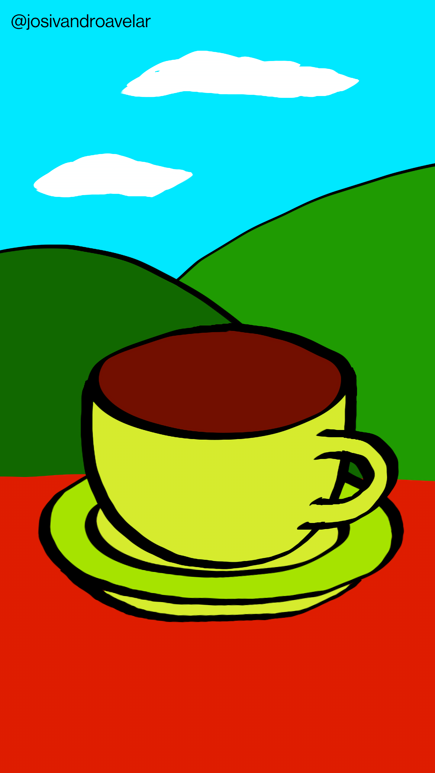 Artes digitais: que tal um bom café para recarregar as energias? 1 Que tal um bom café para recarregar as energias servido em uma xícara em tom amarelo esverdeado, em cima de uma mesa em tom de madeira, com a vista incrível de uma serra e um céu azul?